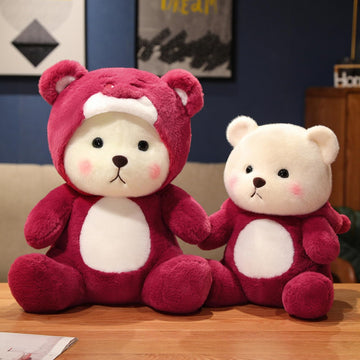 Bilibang Cartoon Plush Cross-Dressing Teddy Bear Plush Toy, Cute Teddy Bear with Removable Stitchhat (Pink StrawberryBear, 11 inch / 0.5 lb)