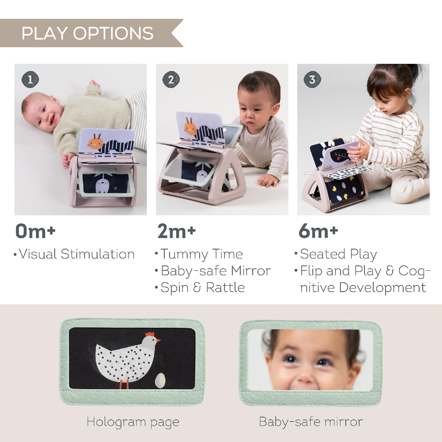 Taf Toys Black & White Rattling Spinning Book High Contrast Newborn Baby Toy 0-6 6-12 Months with Mirror for Visual Stimulation, Tummy Time & Early