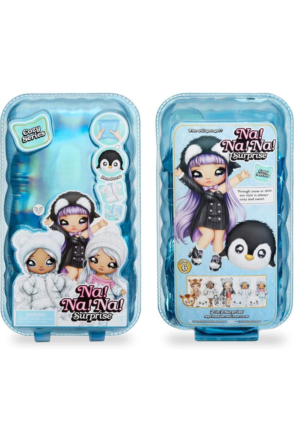 Na Na Na Surprise Cozy Series Leona White 7.5" Fashion Doll Snow Leopard-Inspired with Black Hair, 3-Piece Outfit and Fuzzy Clip-on Purse, Poseable