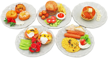 5 Pieces Burger, Egg Benedict,Omelet,Bagels and Pancake Dollhouse Miniatures Food Breakfast Miniatures Food Set On Ceramic Plate for Home Kitchen