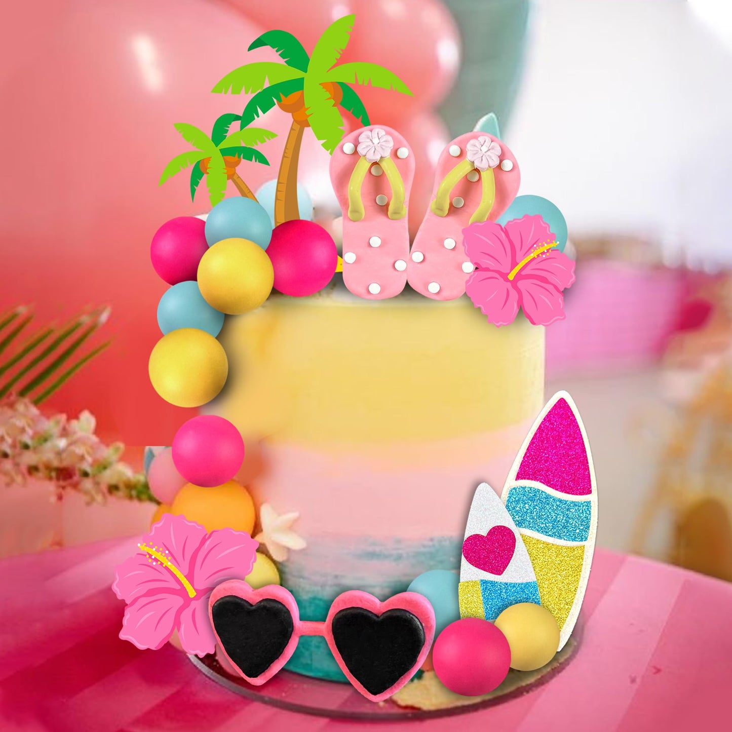18 PCS Beach Cake Topper Summer Hawaiian Cake Decorations with Slipper and Sunglasses Clay for Swimming Pool Aloha