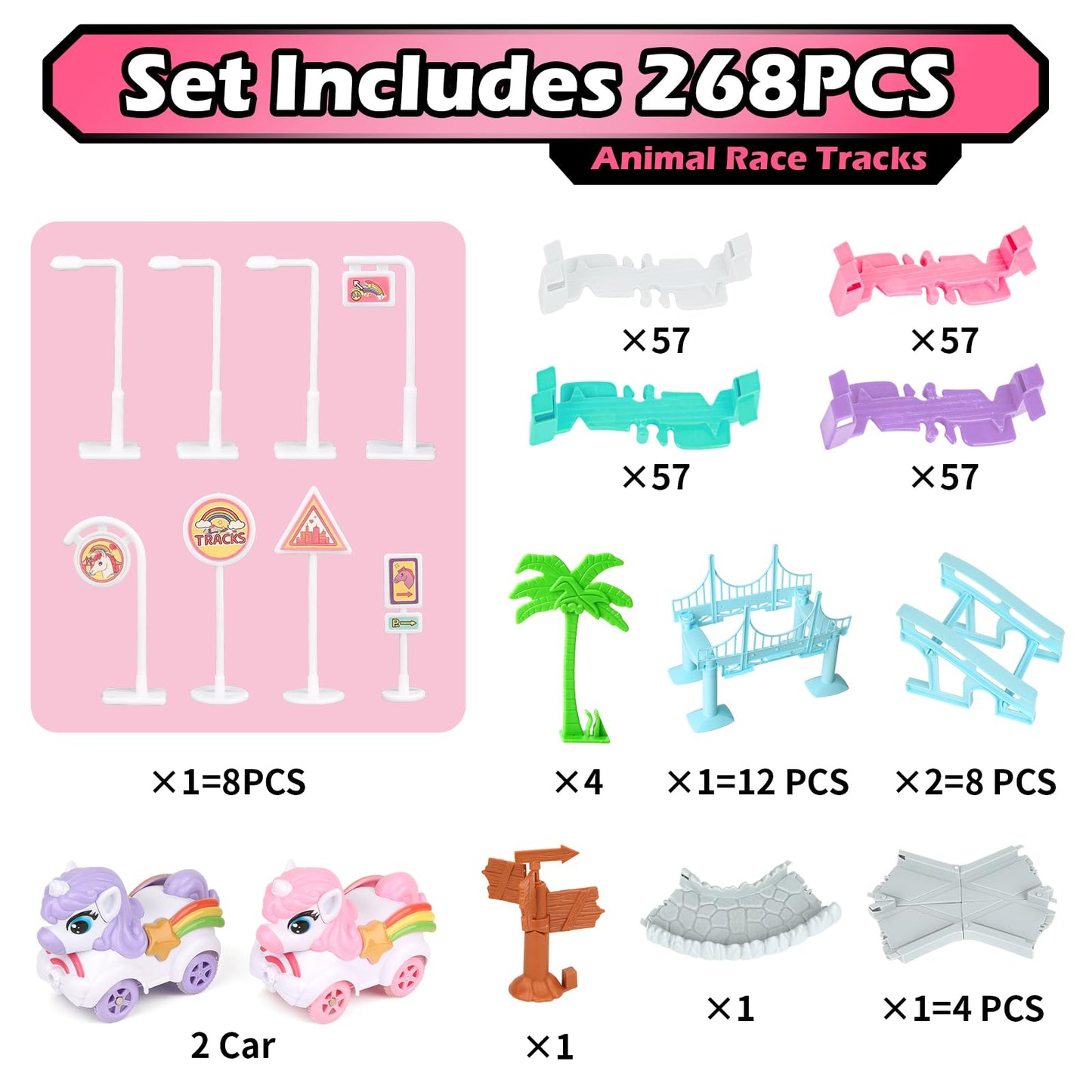268 PCS Unicorn Race Tracks for Kids Toys, Glow in The Dark Magic Toy Set, 2 Unicorn Cars Track, Flexible DIY Track Set, Birthday Gift for Age 3-9