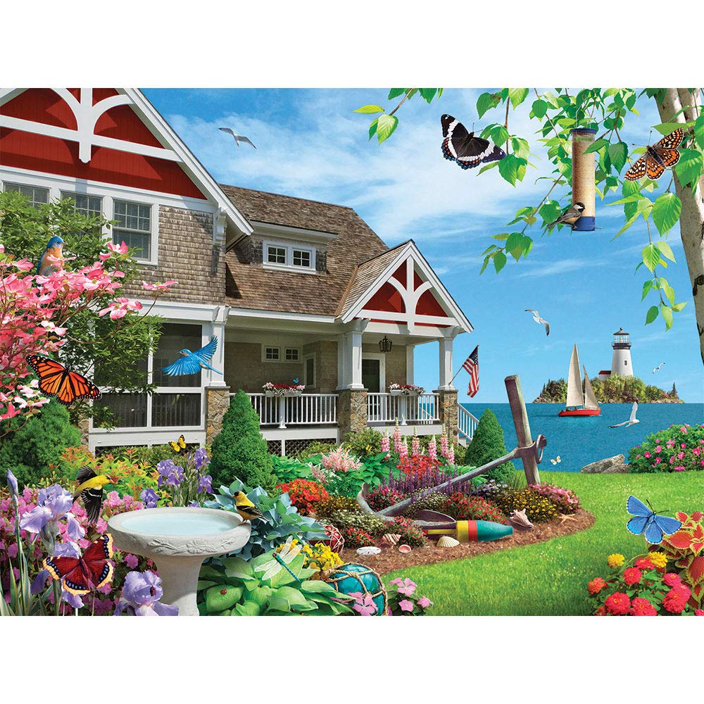 Bits and Pieces - Blooming Beach House Coastal Jigsaw Puzzle by Artist Alan Giana - Floral Beach Cottage & Seaside Landscape Puzzle for Adults (500