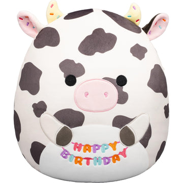 Squishmallows Original 12in Colin the Cow Holding “Happy Birthday” Sign - Official Jazwares Plush (Medium-Sized)