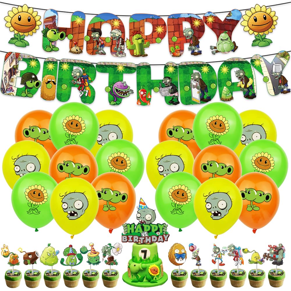 Plant vs. Zom-bies Party Backdrop Party Banner, Cake Topper, Cupcake Topper, Cup Cake Wrappers, Zombies Hanging Swirls and PVSZ Balloons for PVSZ