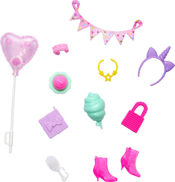 Barbie Accessories, Storytelling Set for Barbie Dolls with Unicorn Theme, Styling Pieces & Party Decorations Like Balloon & Cotton Candy