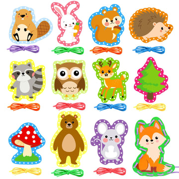Omlisca Woodland Animals Lacing Cards for Kids 12 Pack Forest Animals Sewing Cards Owl Fox Bear Woodland Theme Party Decor Arts and Crafts Gifts