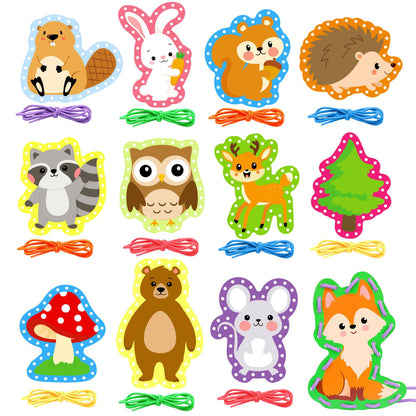 Omlisca Woodland Animals Lacing Cards for Kids 12 Pack Forest Animals Sewing Cards Owl Fox Bear Woodland Theme Party Decor Arts and Crafts Gifts