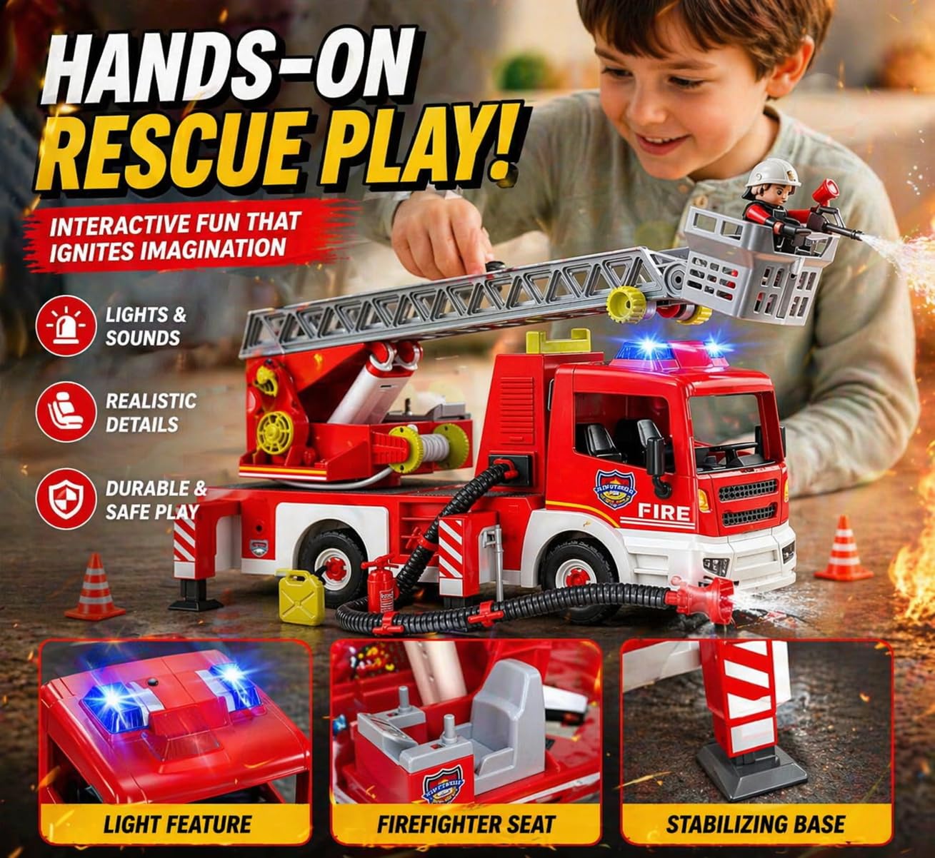 Tiny Force Toy Ladder Fire Truck Toy - Firefighter Fire Truck with Extendable Fire Ladder, Toy Truck for Kids, Perfect Firefighter Gift for Pretend