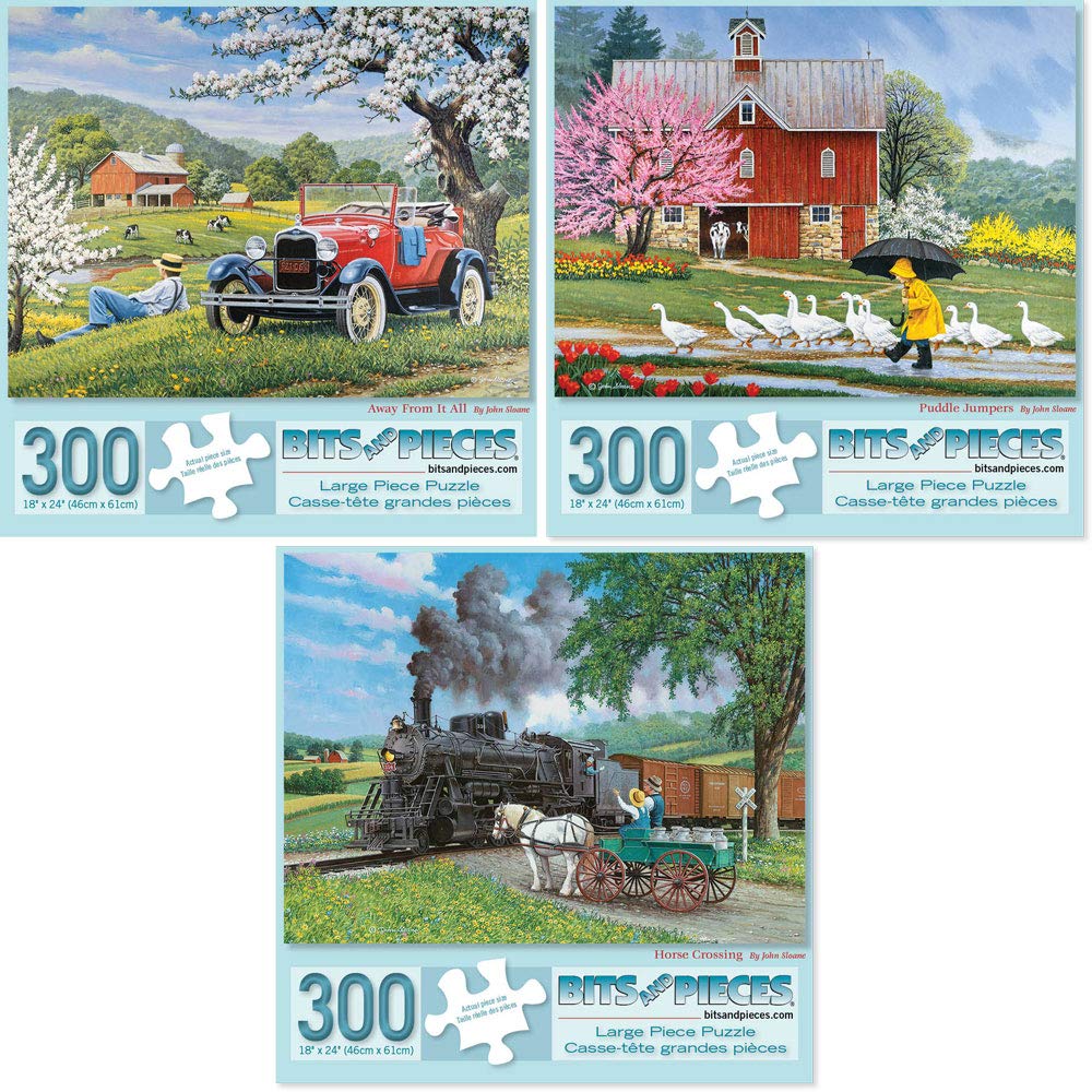 Bits and Pieces - Value Set of Three 300 Piece Jigsaw Puzzles for Adults - Old Country Farm Town Jigsaw Puzzles by Artist John Sloane, Completed