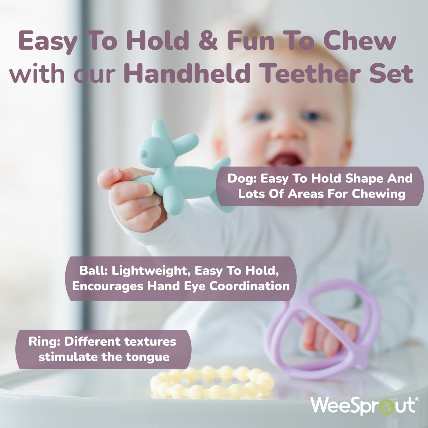 WeeSprout Silicone Baby Teether Toys for Infant Babies and Toddlers, Cute Ring, Puppy Dog, and Ball, Soft and Flexible, BPA Free, Boys and Girls