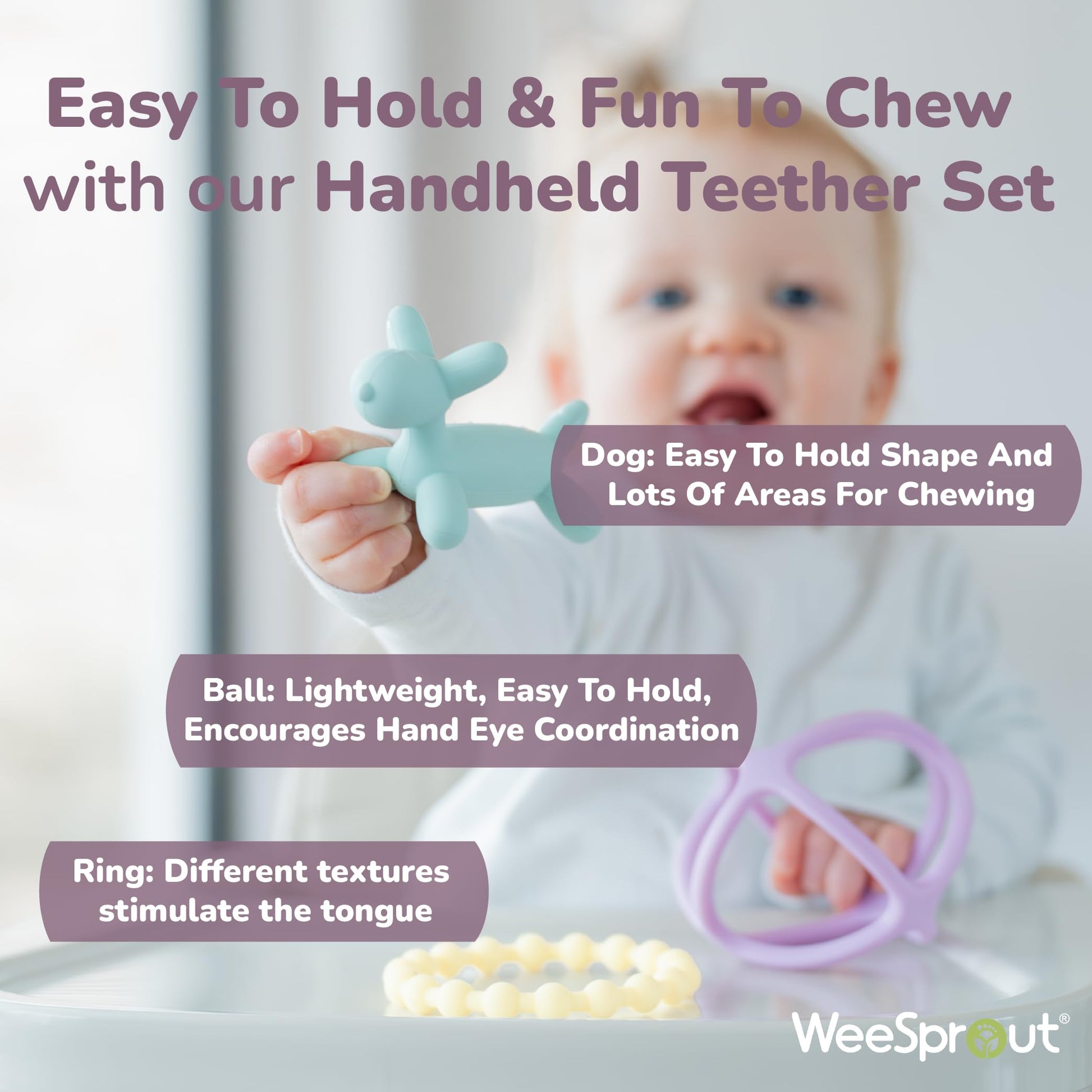 WeeSprout Silicone Baby Teether Toys for Infant Babies and Toddlers, Cute Ring, Puppy Dog, and Ball, Soft and Flexible, BPA Free, Boys and Girls