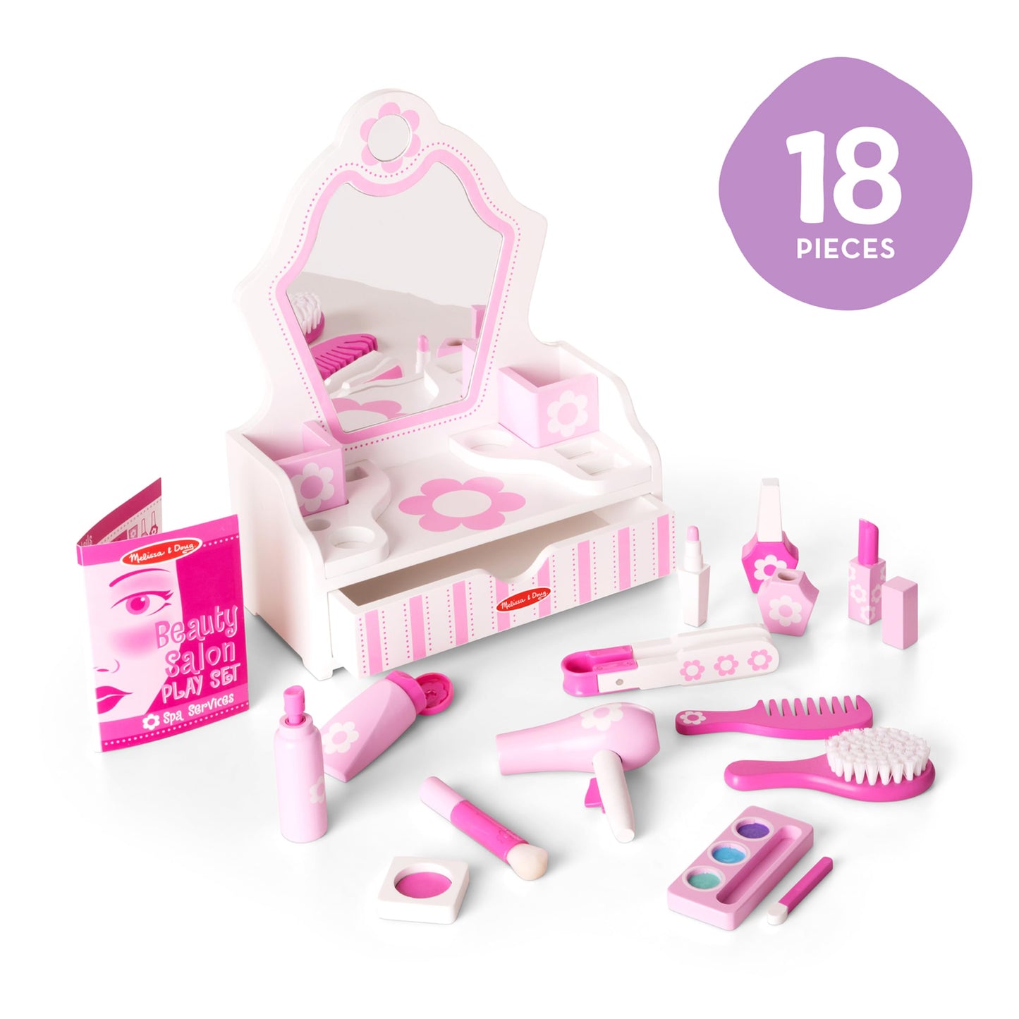 Melissa & Doug Wooden Beauty Salon Play Set, 18-Piece Vanity with Pretend Play Toys, Makeup, Mirror, Accessories & More, Preschool Toys for Girls &
