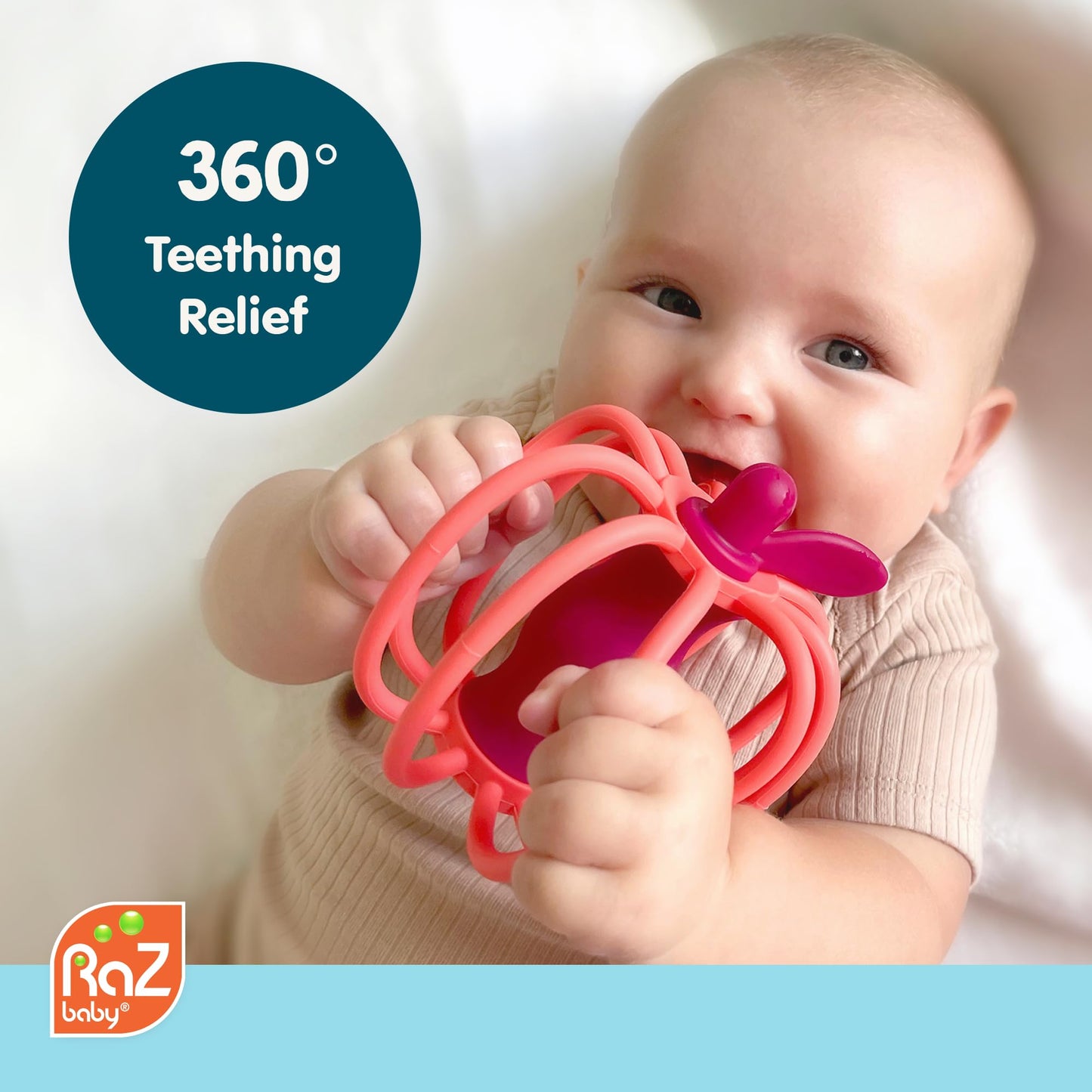 RaZbaby RaZ-Apple Silicone Teether & Rattle Toy - Soft, Flexible & Easy to Hold, Soothing Sounds for Entertainment, Textured for Teething Relief
