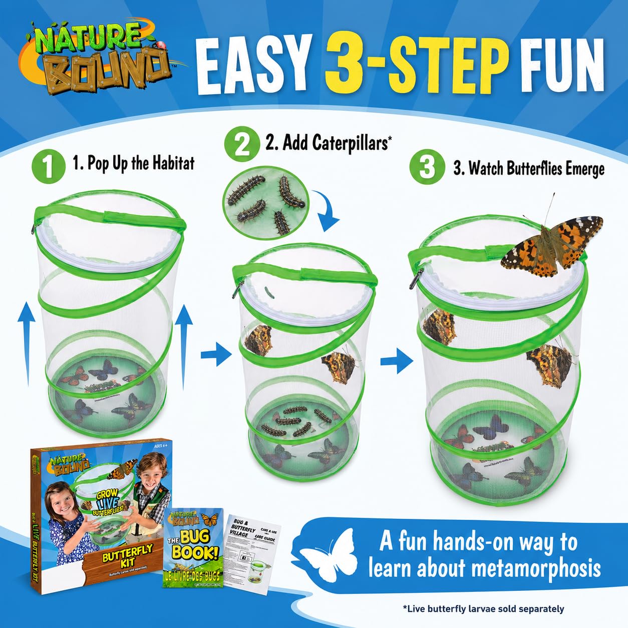 Nature Bound Butterfly Growing Kit - Live Caterpillar to Butterfly Project for Kids - Includes Voucher for Caterpillars, Green Pop-Up Enclosure,