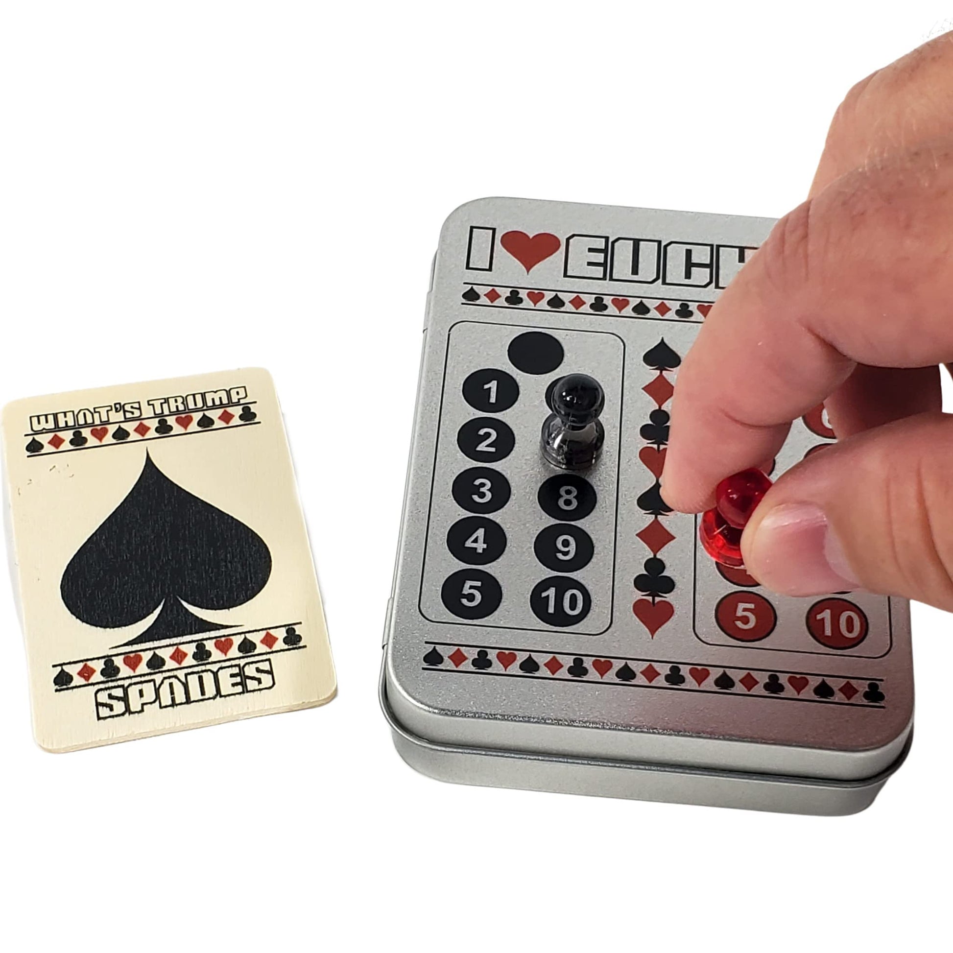 I Heart Euchre Scorekeeper Tin Set with Cards, Magnets, & Wood Suit Cards