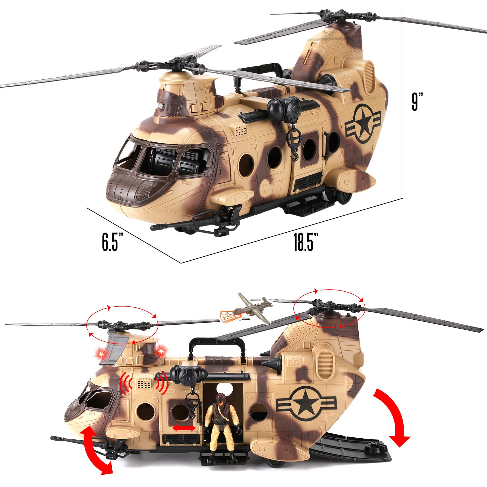 26 PCS Army Men Helicopter Carrier Toys, Military Soldier Action Figures, Combat Truck, Motorcycle, Jumbo Transport Aircraft with Lights & Sound
