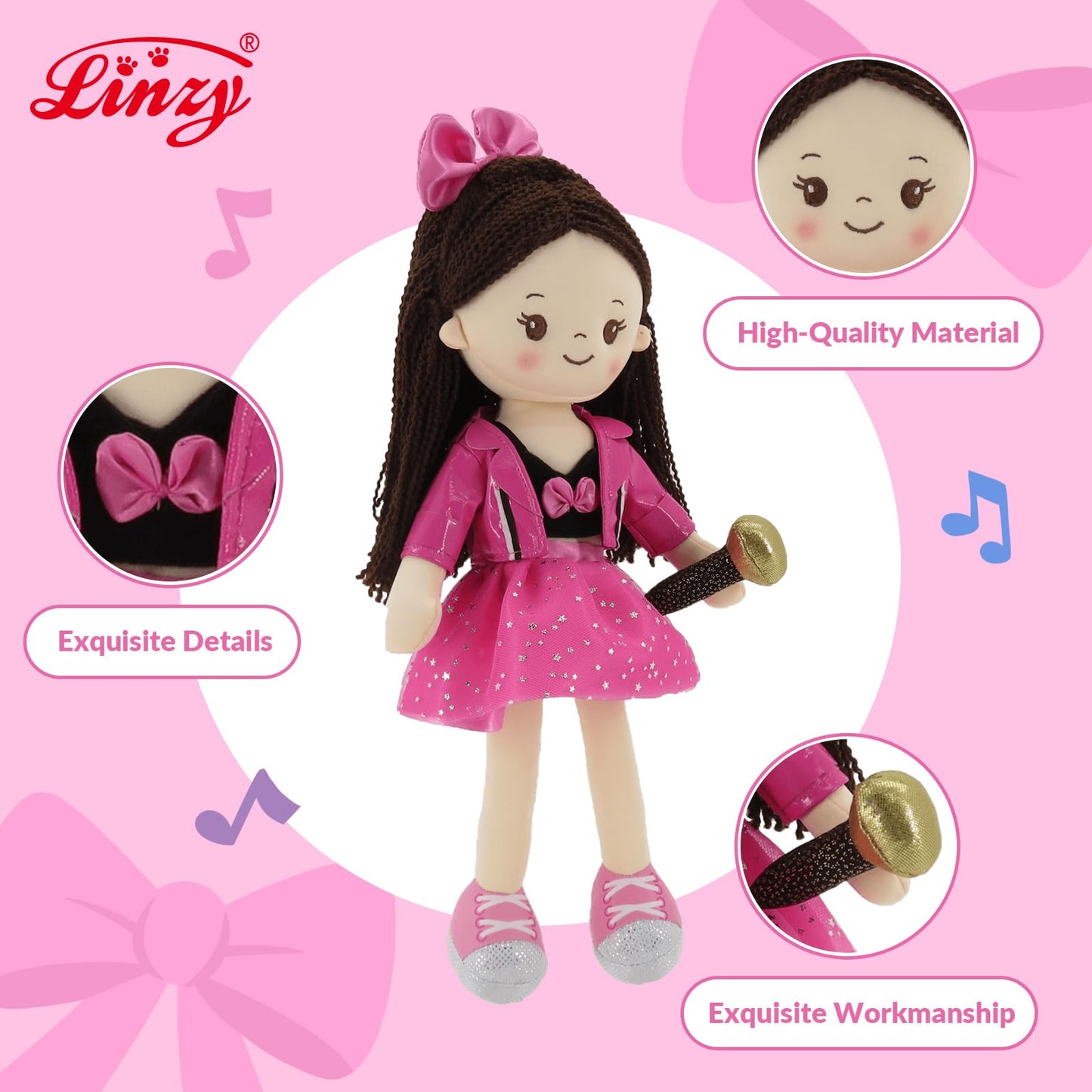 Linzy 15" Superstar Pinky Rag Doll, Soft Plush Baby Doll for Girls