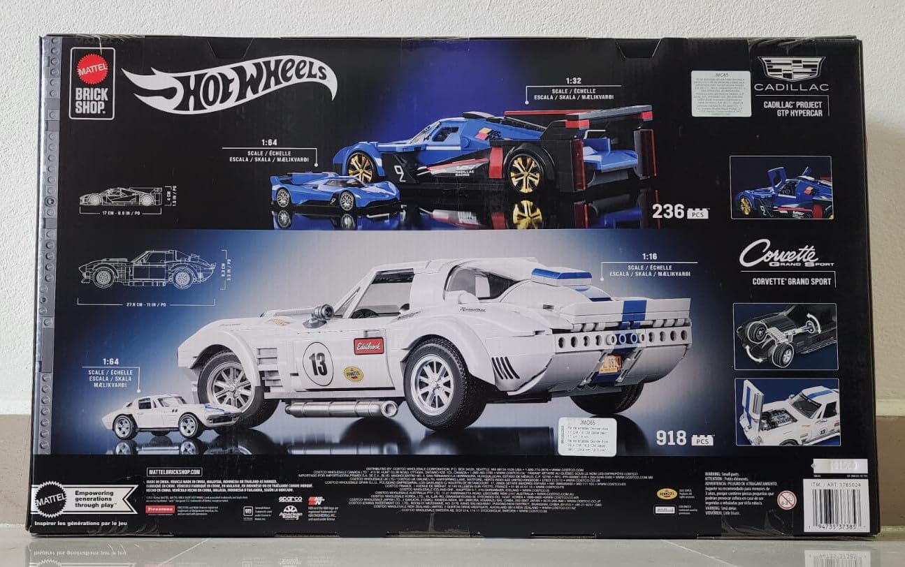 Mattel Brick Shop Building Set, Cadillac GTP Hypercar and Corvette Grand Sport, 1154 Pieces, Ages 10+, Racing Cars Collection Includes 2 Metal