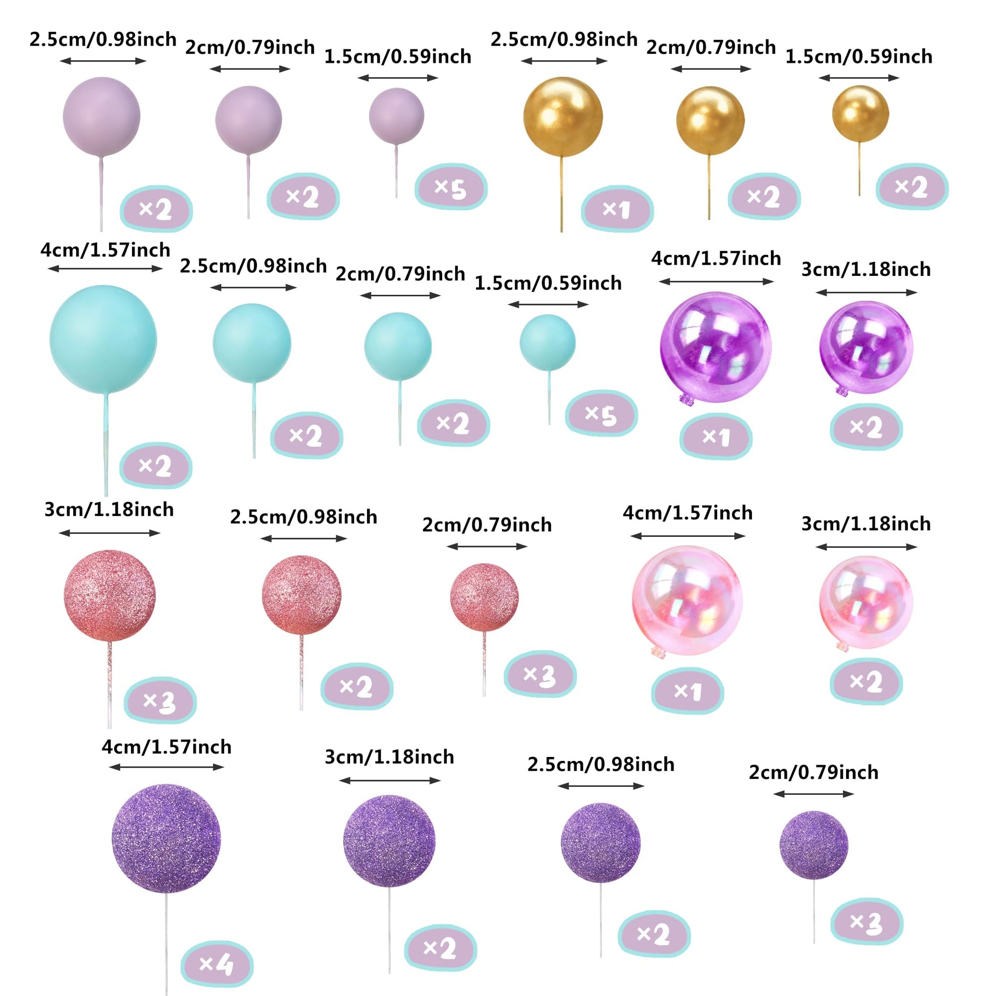 50PCS Macaron Ball Cake Topper Decoration for DIY Baking 5 Sizes Decorative Cake Toppers for Wedding Birthday and Anniversary (Pink Blue Purple)
