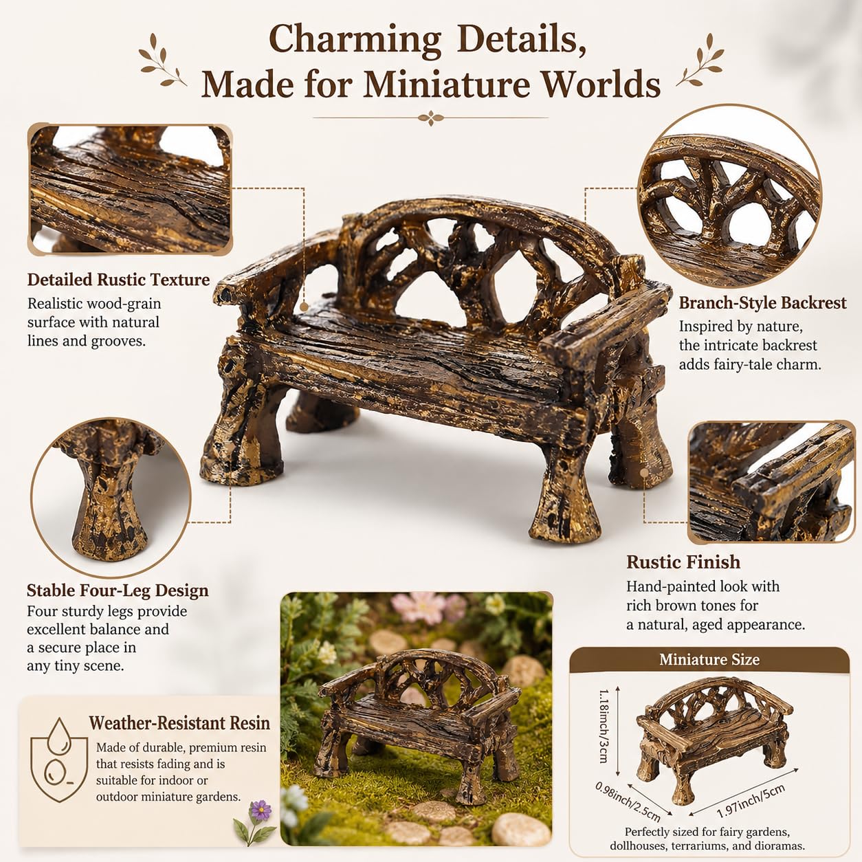 Essivox Brown Resin Fairy Garden Miniature Bench Chair, Outdoor Furniture Decoration for Home and Garden Landscape