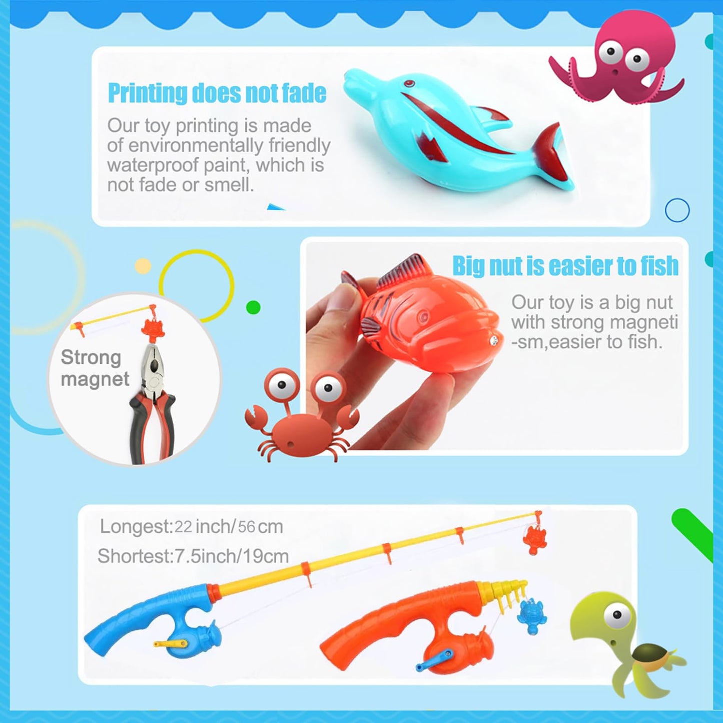 FIVEDAOGANG Magnetic Fishing Game 45 PC Ocean Sea Floating Fish Colorful Animals with Net Portable Storage Bag | Kiddie Pool Bathtub Game for Age 3 4