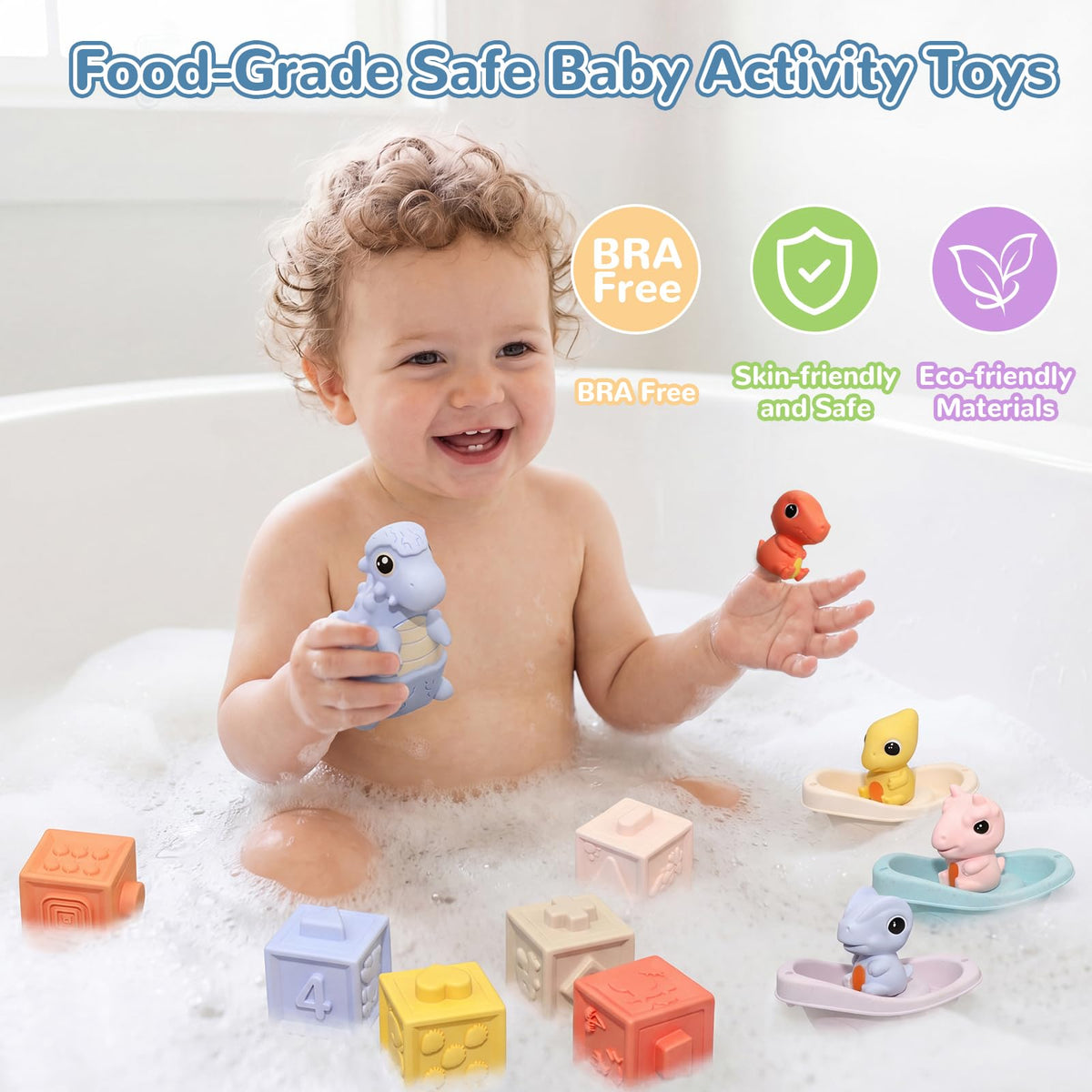BFALSHB Baby Montessori Toys 6-12 Months, 5 in 1 Sensory Learning Set with Stacking Blocks, Shape Sorter, Bath Toys, Activity Cube, Dinosaur Stacker
