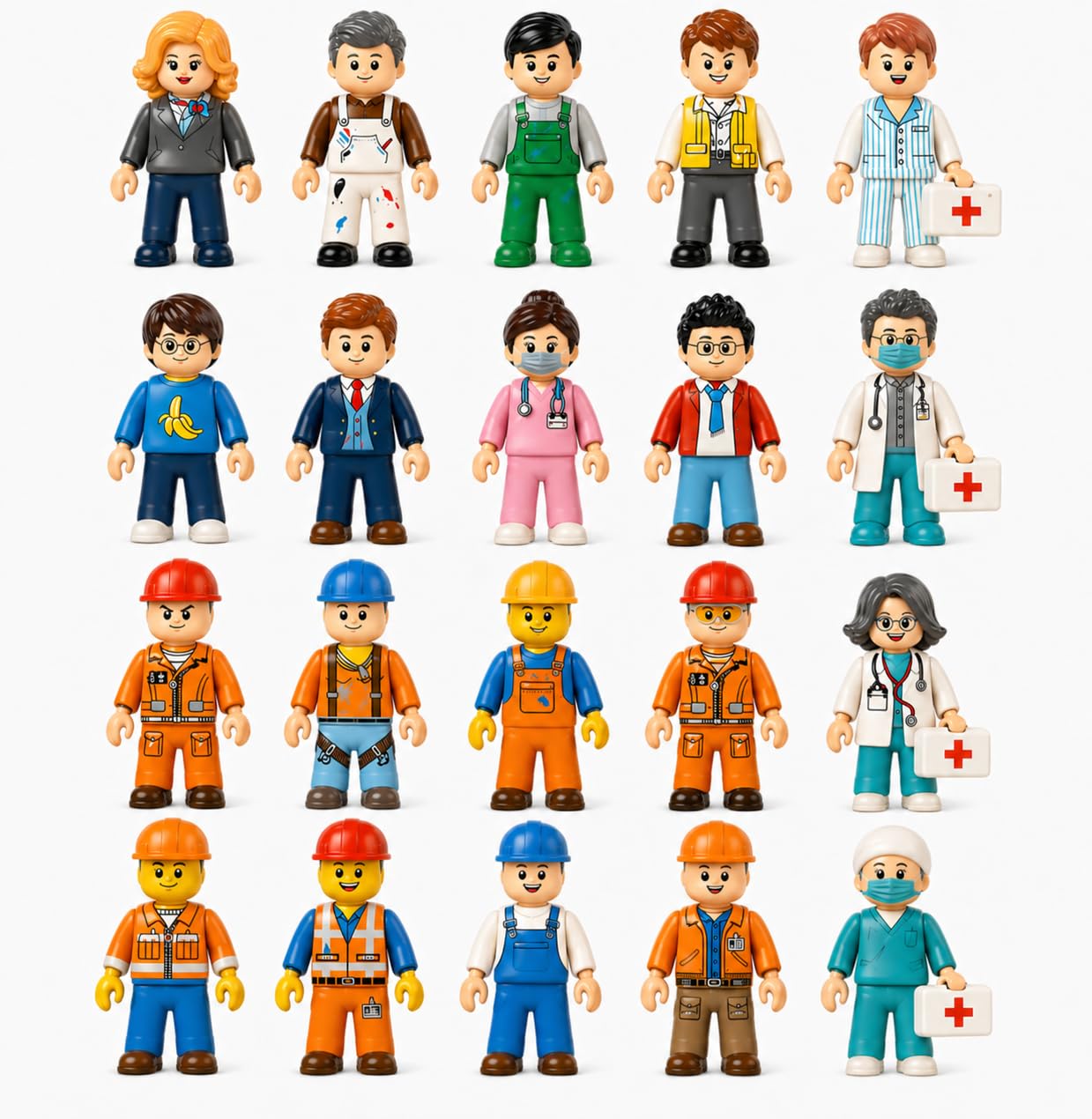 Whimzory 20 PCS City Mini Figures, Compatible with Major Building Bricks - Doctor, Nurse, Engineer, Police, Construction Worker. Bulk Action Figure
