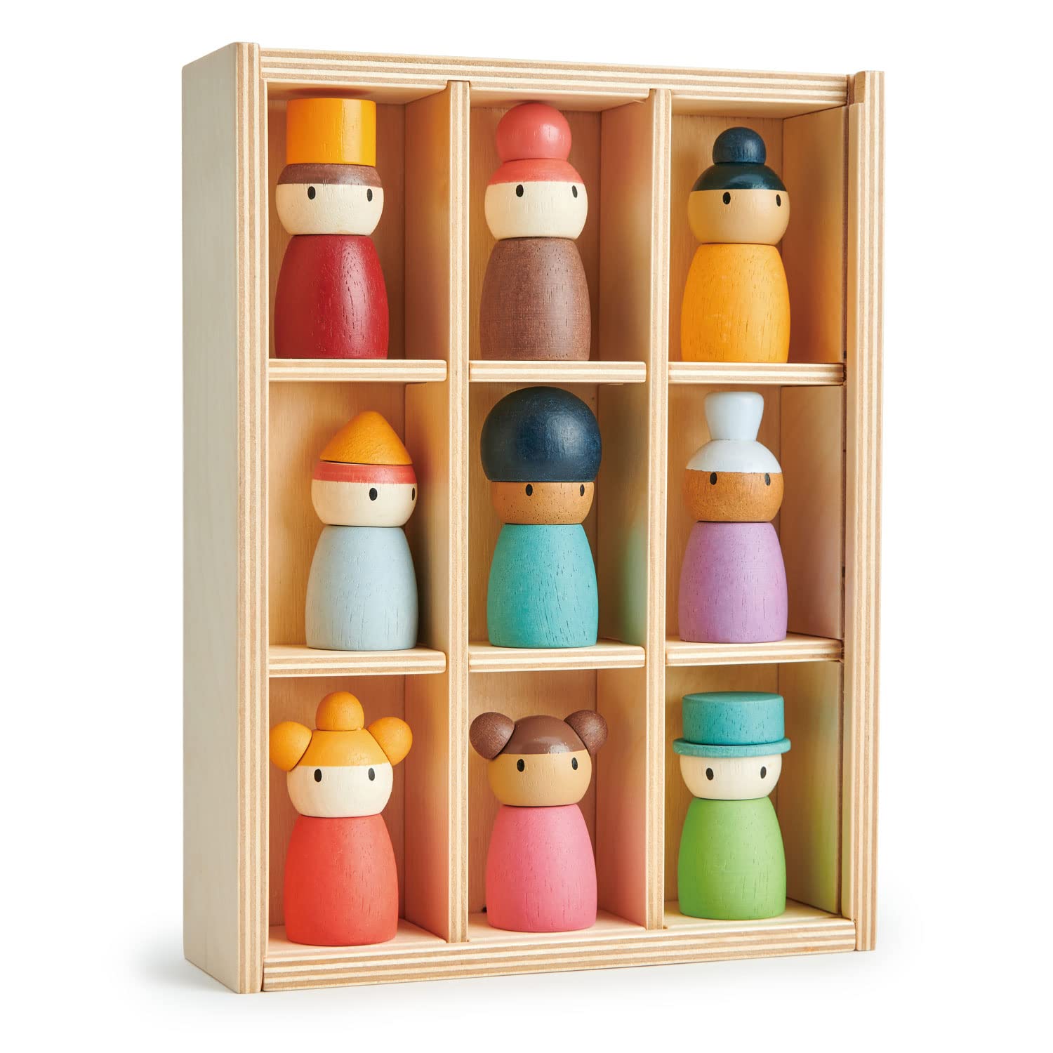 Tender Leaf Toys - Happy Folk Hotel - 9 Pcs Wooden Diversity Peg Dolls Open-Ended Toys - Montessori People Figures Play Set - Age 3+