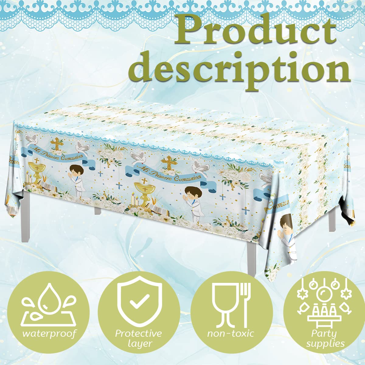 Gupesxu First Communion Decorations-3pcs Blue Mi Primera Comunion Tablecloth Baptism Table Covers for Boy Newborn Baby Shower Table Cloth for First