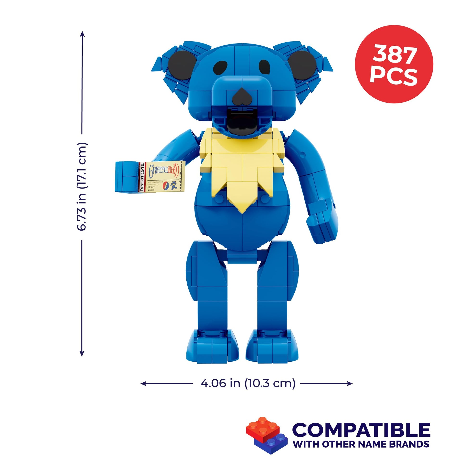 Brickcraft Grateful Dead Stealie Blue Dancing Bear Building Brick Kit, 387 Pieces, Fully Posable Figure with Brick Concert Ticket, Ages 8+, Officially