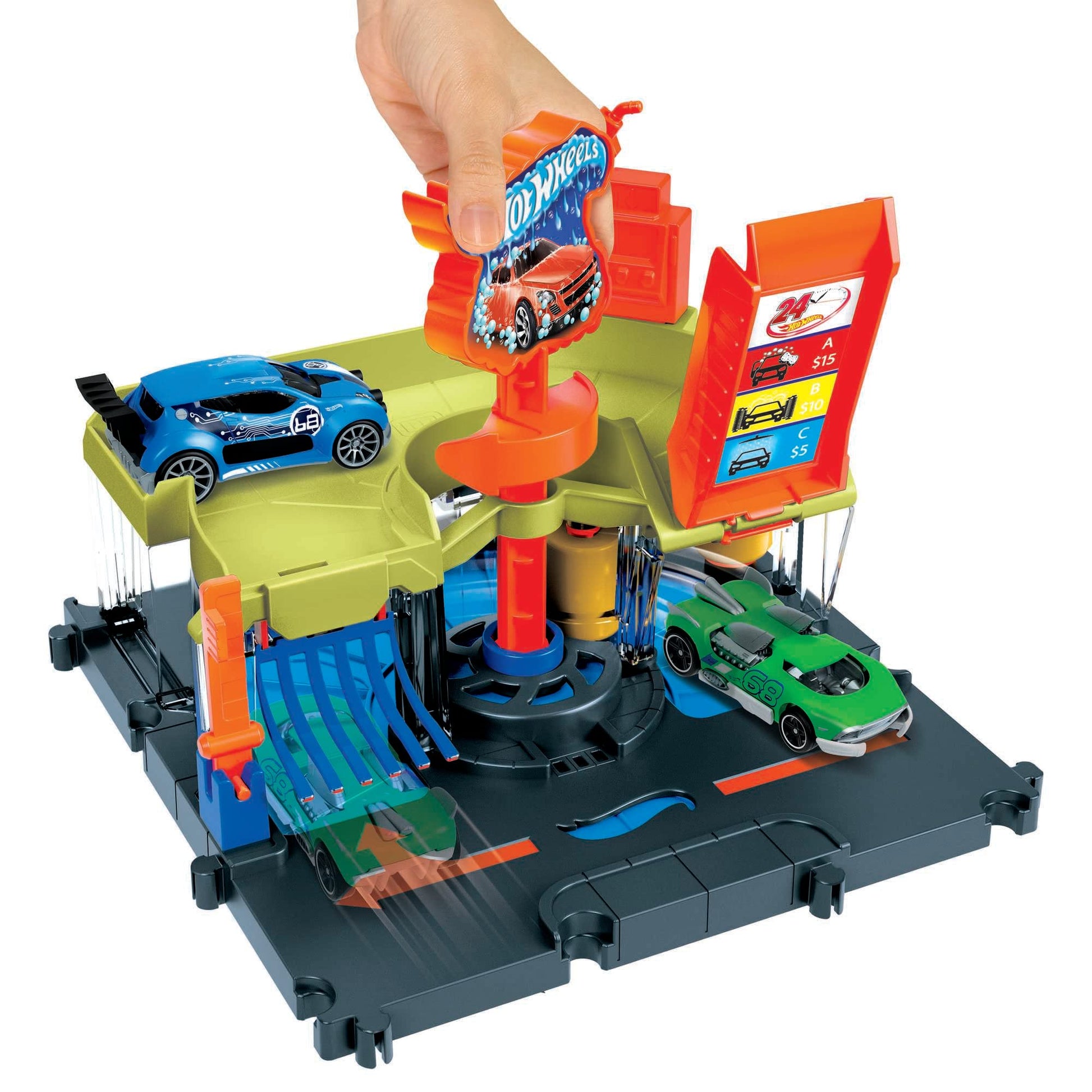 Hot Wheels City Toy Track Set, Downtown Express Car Wash Playset with 1:64 Scale Vehicle, Foam Roller & Drying Flaps