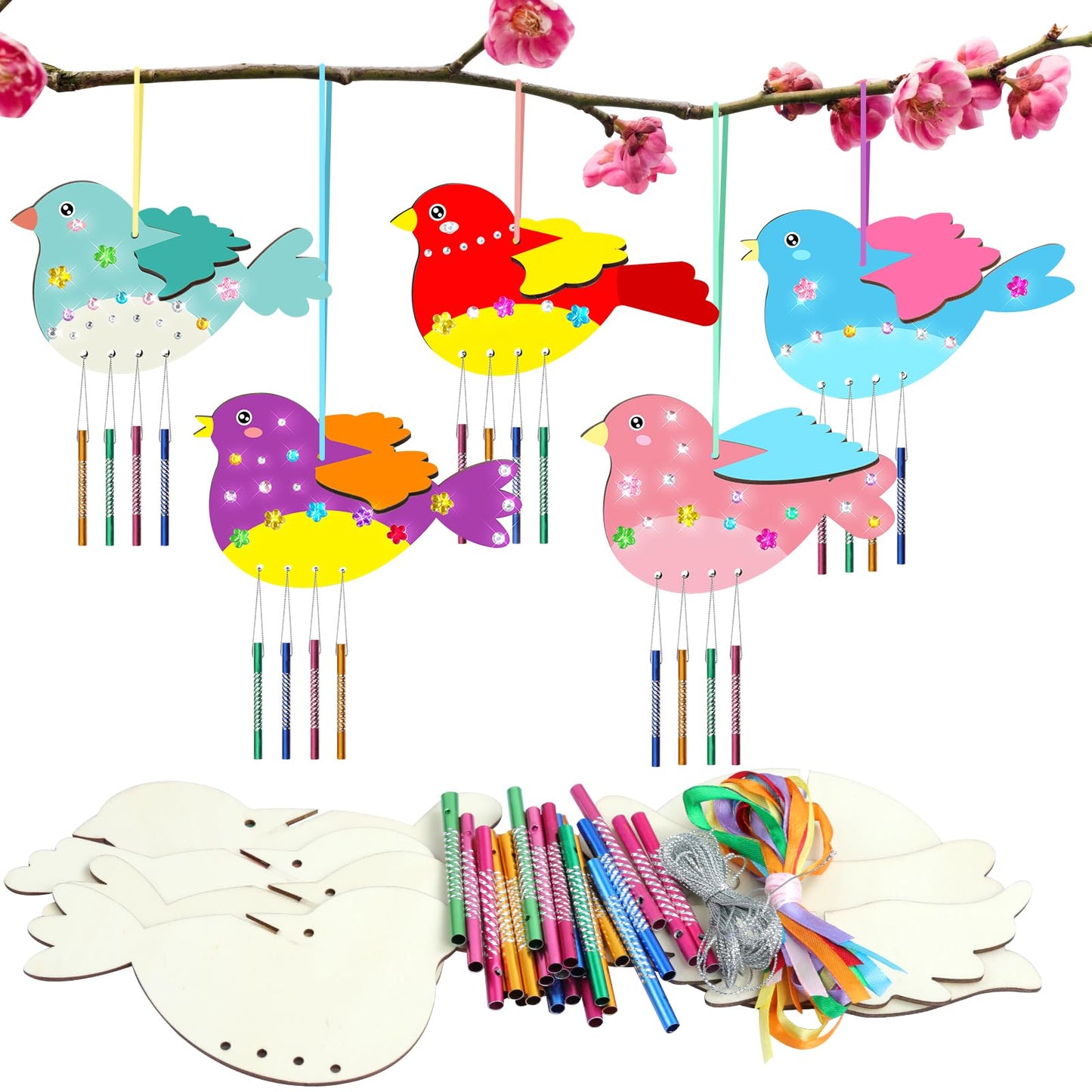 TREACLUB 10Pack 3D Bird Wind Chime Kit for Kids Spring Make Your Own Bird Wind Chime Make a Wind Chime Kit DIY Coloring Wooden Arts and Crafts