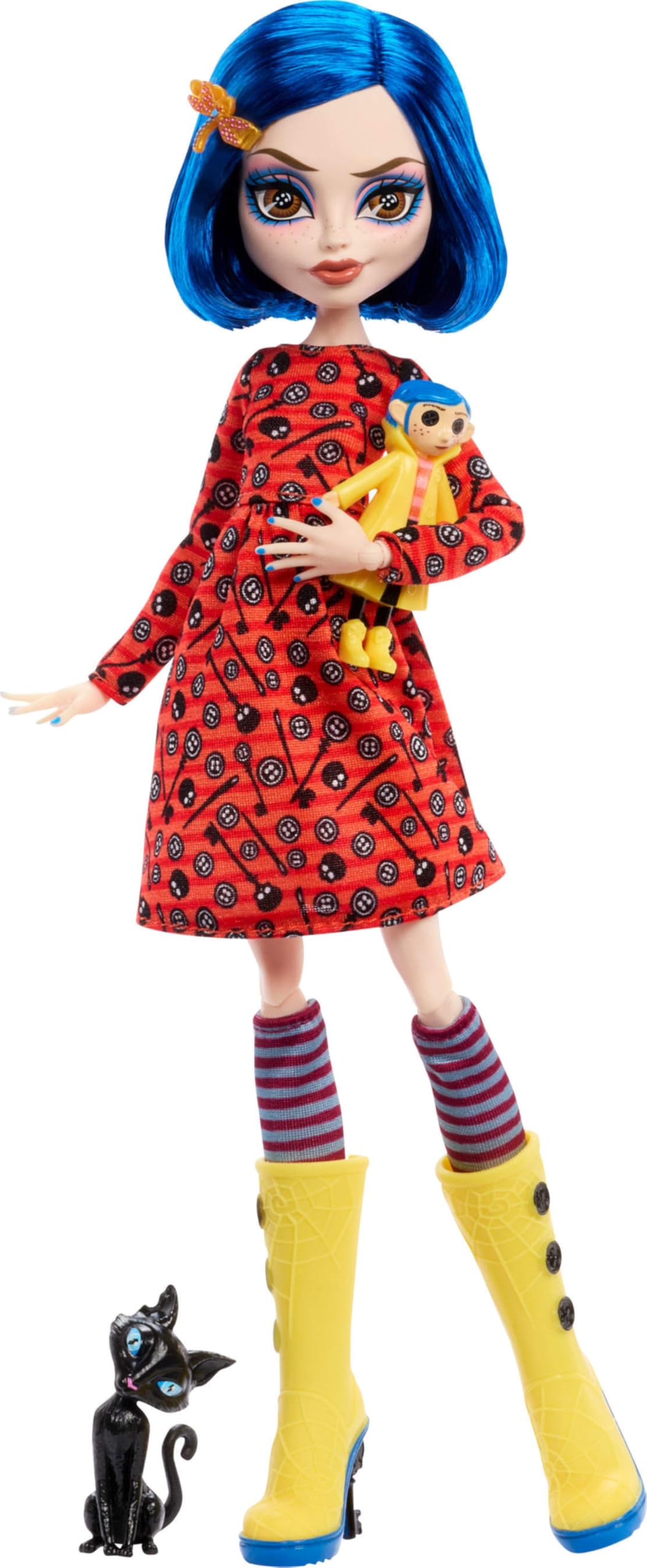 Monster High Skullector Doll, Coraline Collectible in Yellow Raincoat with Dress and Accessories Like Rag Doll, Cat Figure, and Doll Stand