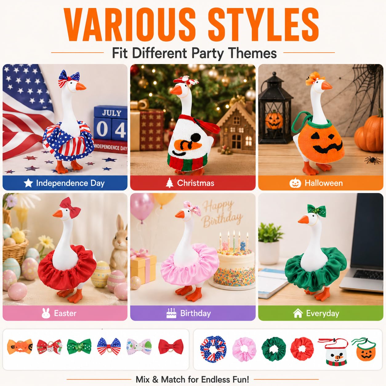 12 PCS Desk Goose Outfits, 7 Inch Holiday Mini Porch Goose Outfits Cute Dresses Bows Funny Desktop Goose Clothes Costume Small Goose Outfit