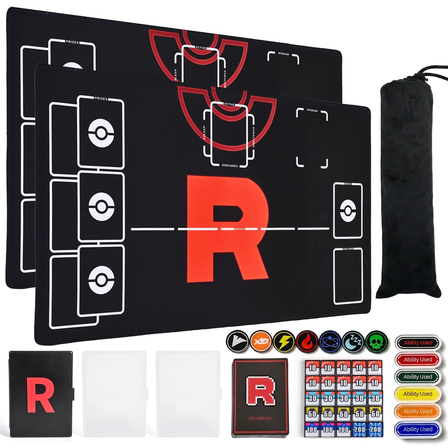 Playmat Set for TCG,2-Player Trainer TCG Playmat 2 PCS with 38 Damage Counters, 2 Trading Card Cases,65 Card Sleeves and Professional Storage Bag
