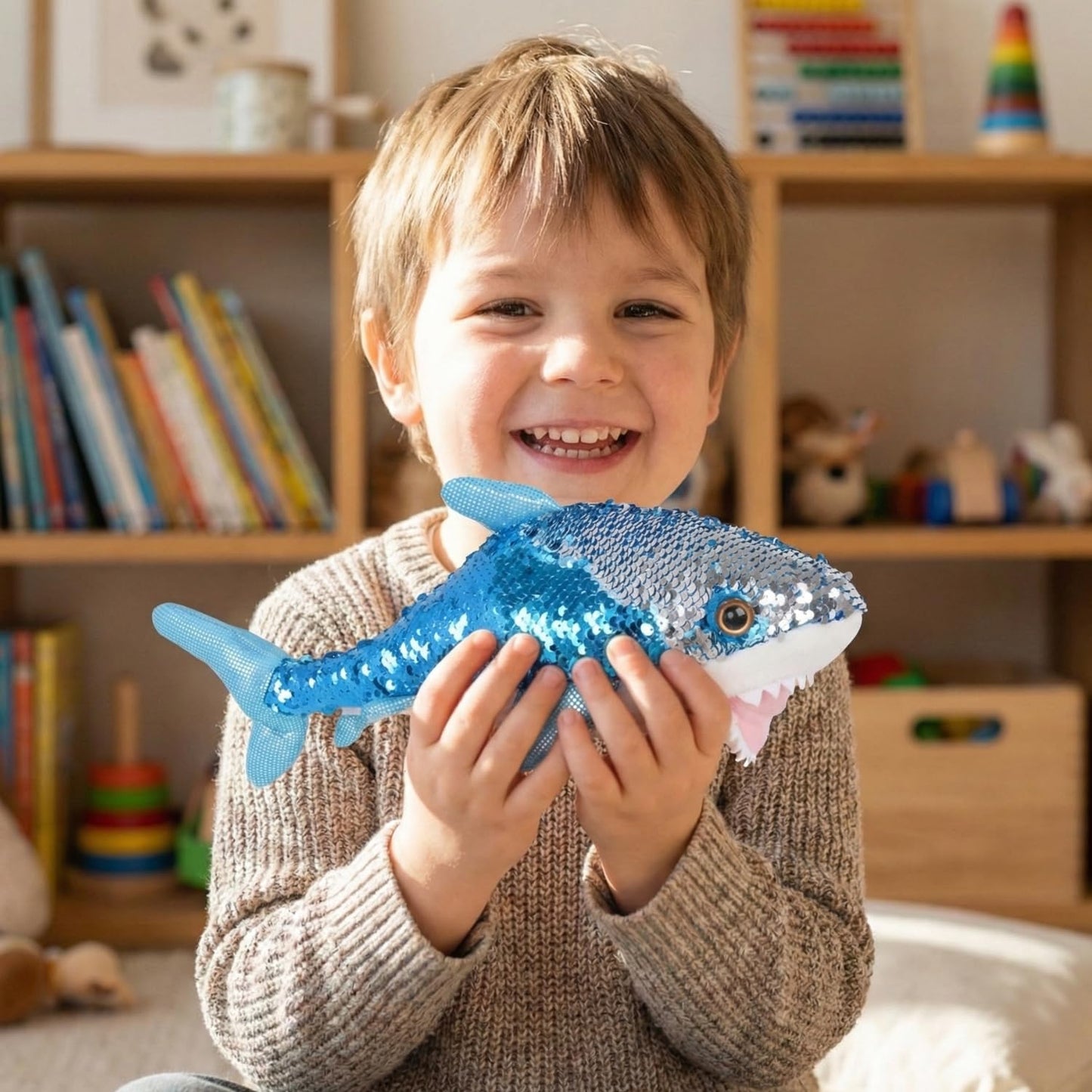 Rhode Island Novelty Cuddly Sequin Great White Shark, Soft Marine Life Stuffed Animal for Kids, 10 Inch