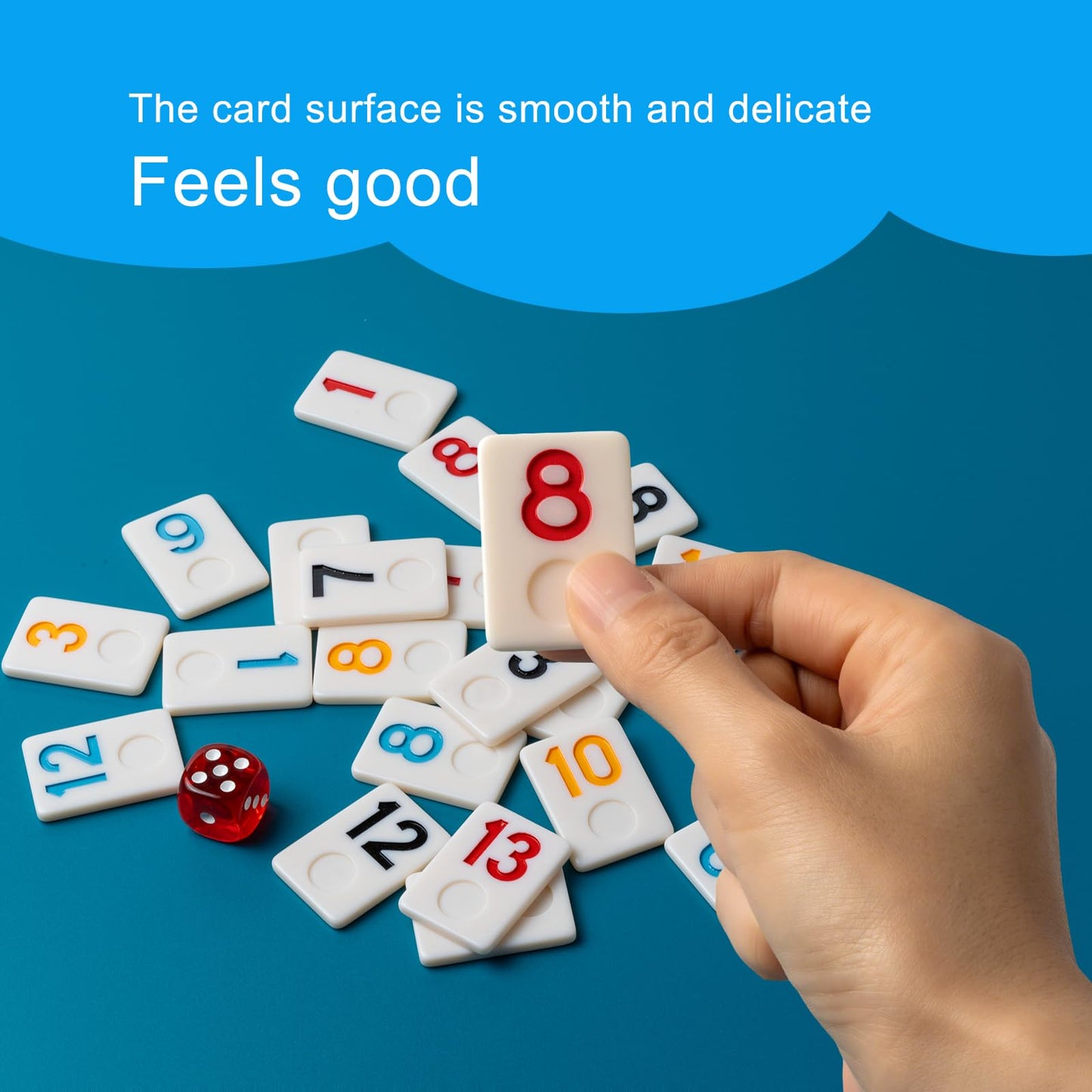 AEEMISEI 6-8 Players Rummy Cube Game with 8 Wooden Card Stands, 214 Colorful Rummy Cards, Exquisite Portable Box and Velvet Bag, Suitable for Family