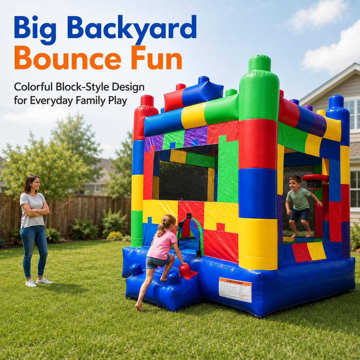 Wonder Dome Kids 13x13 Building Block Bounce House with Basketball Hoop