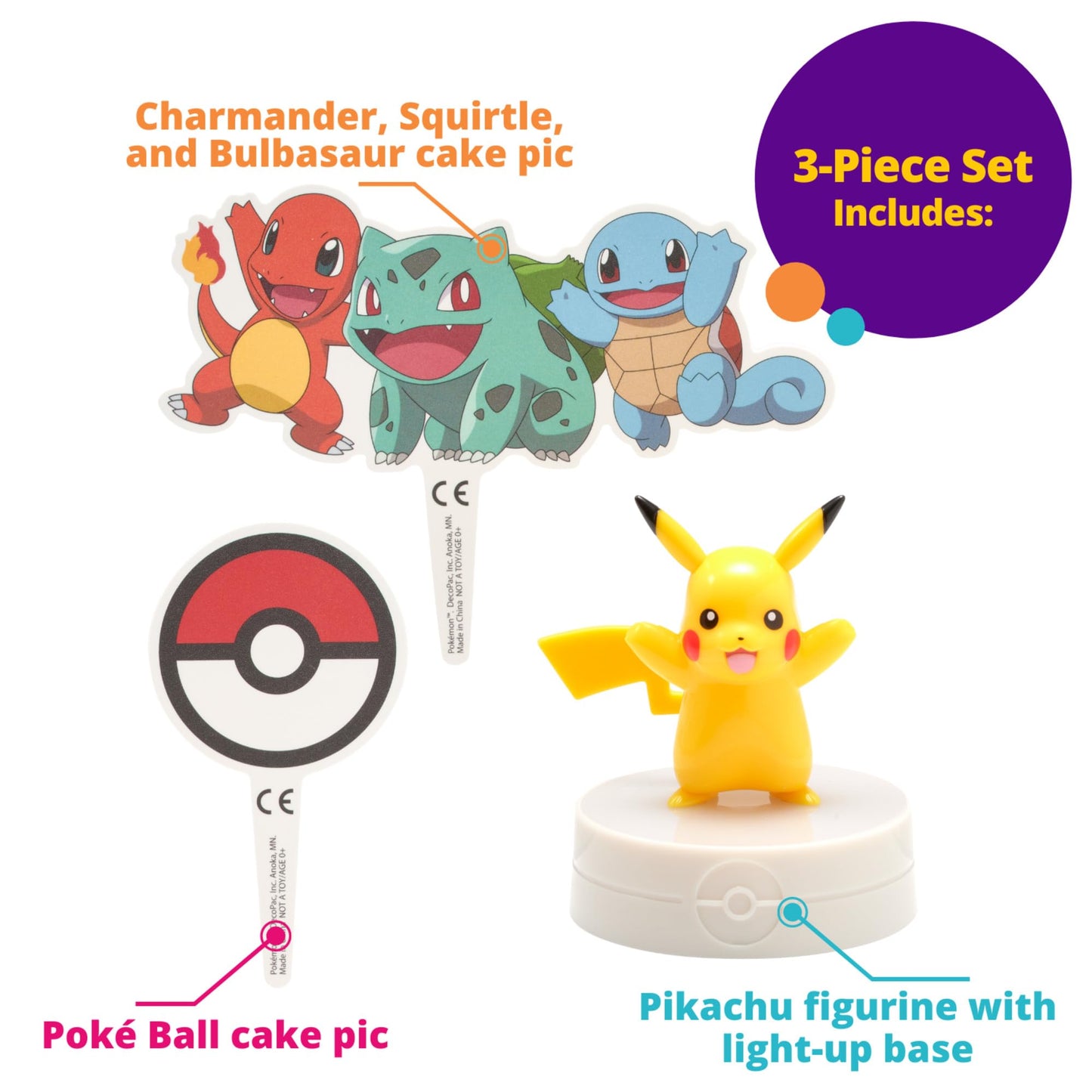 DecoSet® Pokémon Light Up Pikachu Cake Topper, 3 Piece Decoration Set, Birthday Decorations For All Size and Shape Cakes | For Birthday