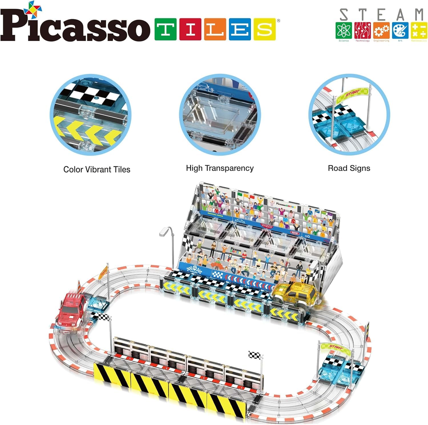 PicassoTiles Magnetic Tile Race Car Track Building Set with 2 Trucks Street Signs Stadium Accessories Construction Toy for Kids Age 3 Plus STEAM
