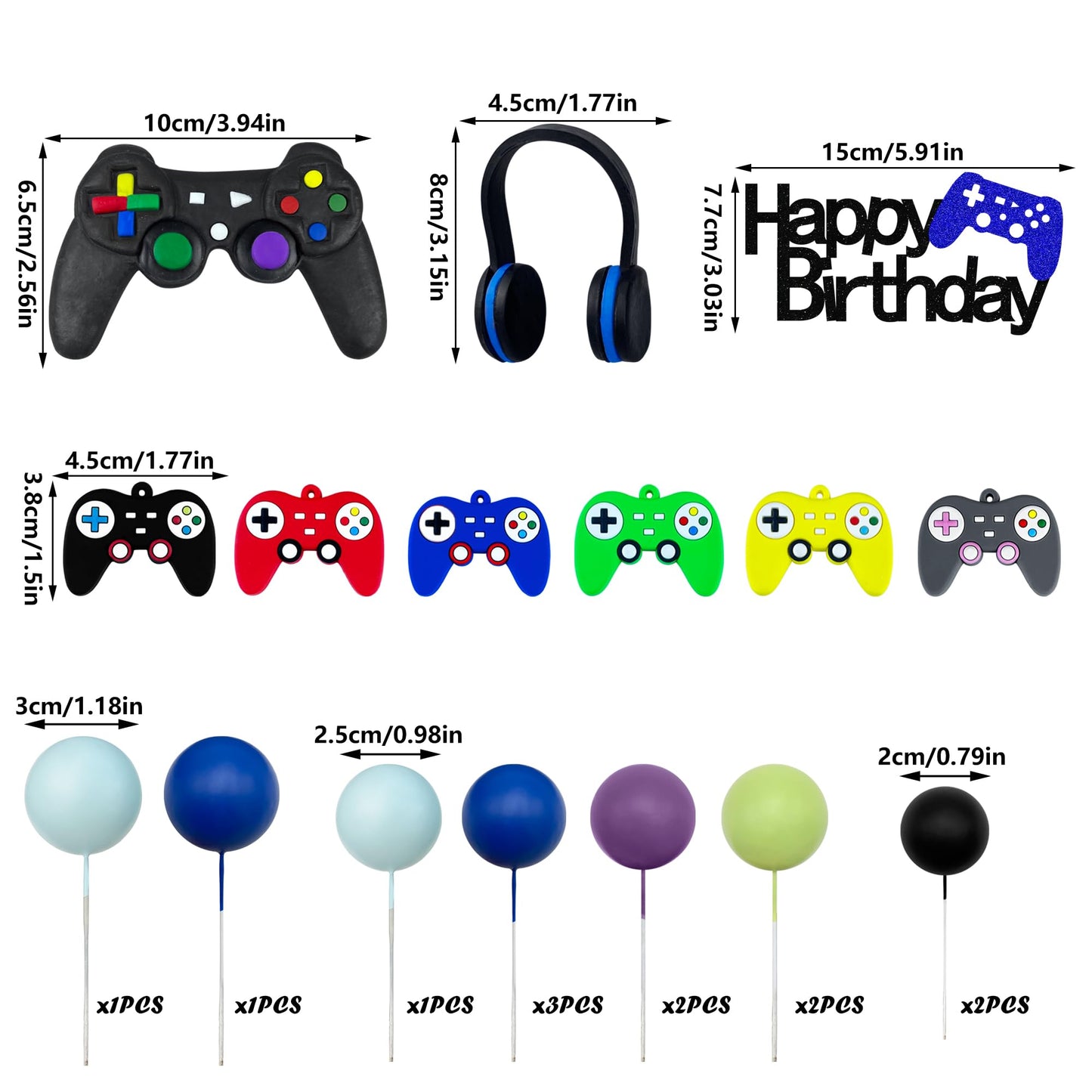 21 PCS Video Game Birthday Cake Toppers Controller Headset Ball Cake Decoration for Video Game Theme Birthday Party Supplies