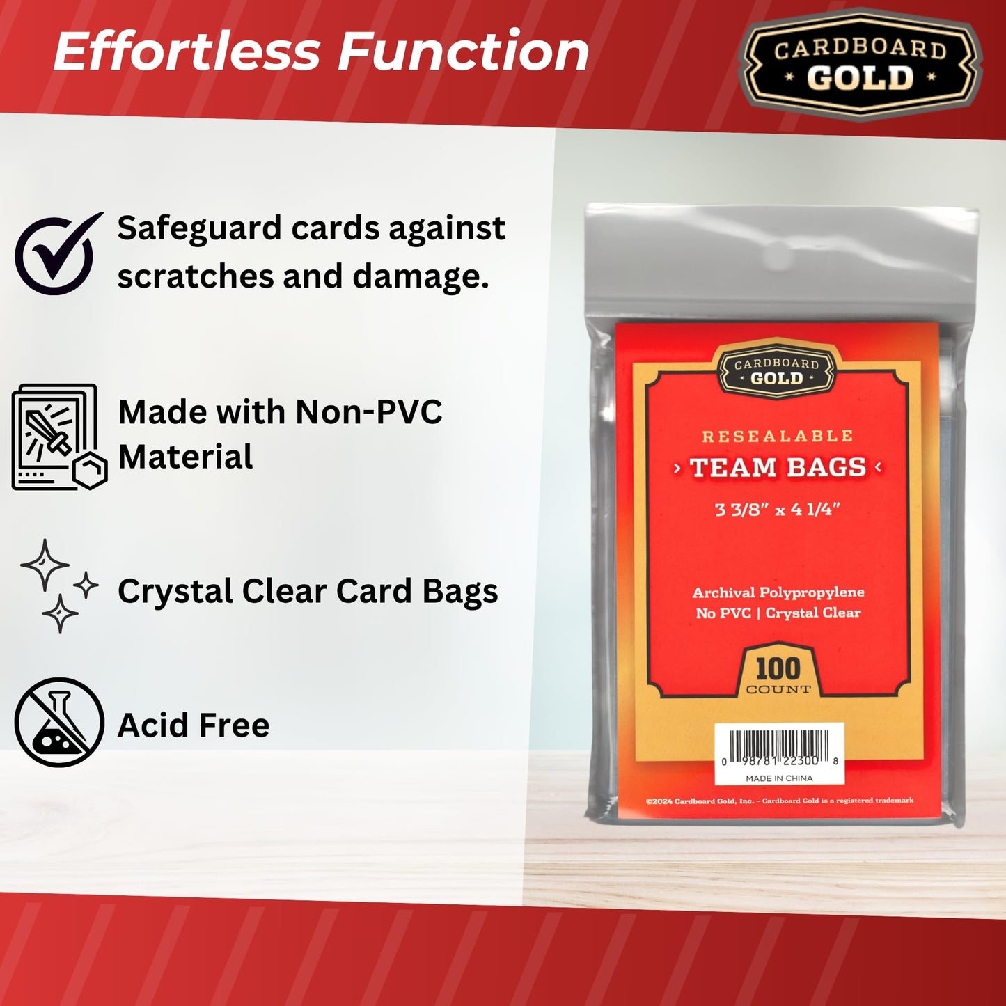 Cardboard Gold Resealable Sports Card Team Set Bags - 1000 Pcs Team Bags for Trading Cards - Non-PVC, Crystal Clear 2 Mil Polypropylene - Holds