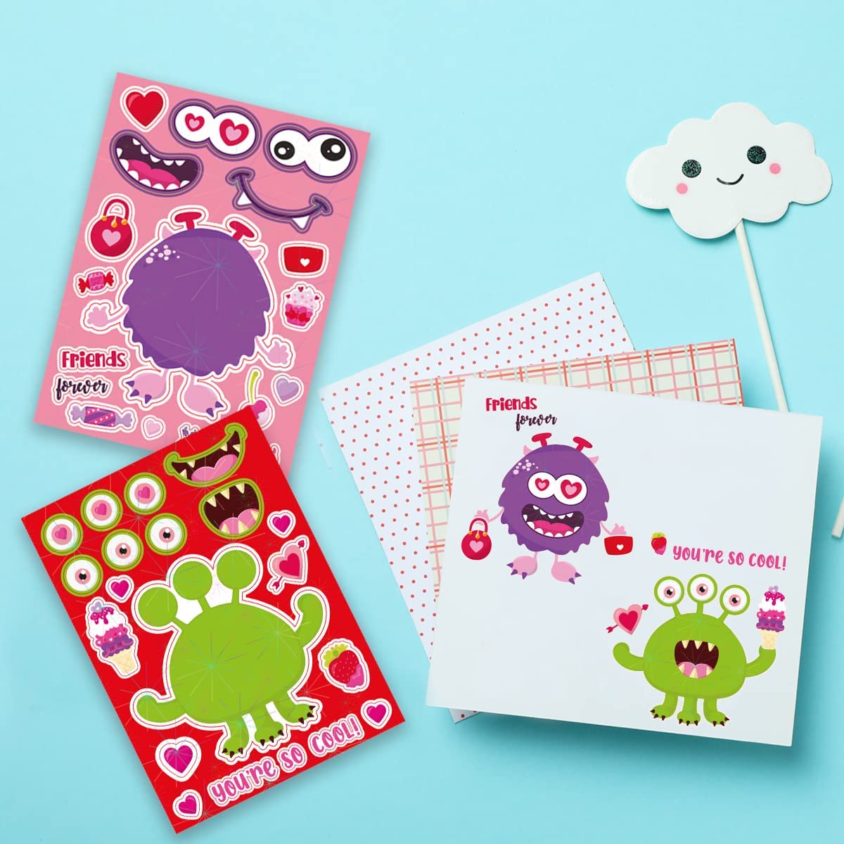 Monster Valentines Day Crafts for Kids,36 pcs Valentine Stickers Sheets DIY Art Cards Gift for School Activities or Valentine's Party Supplies Goodies