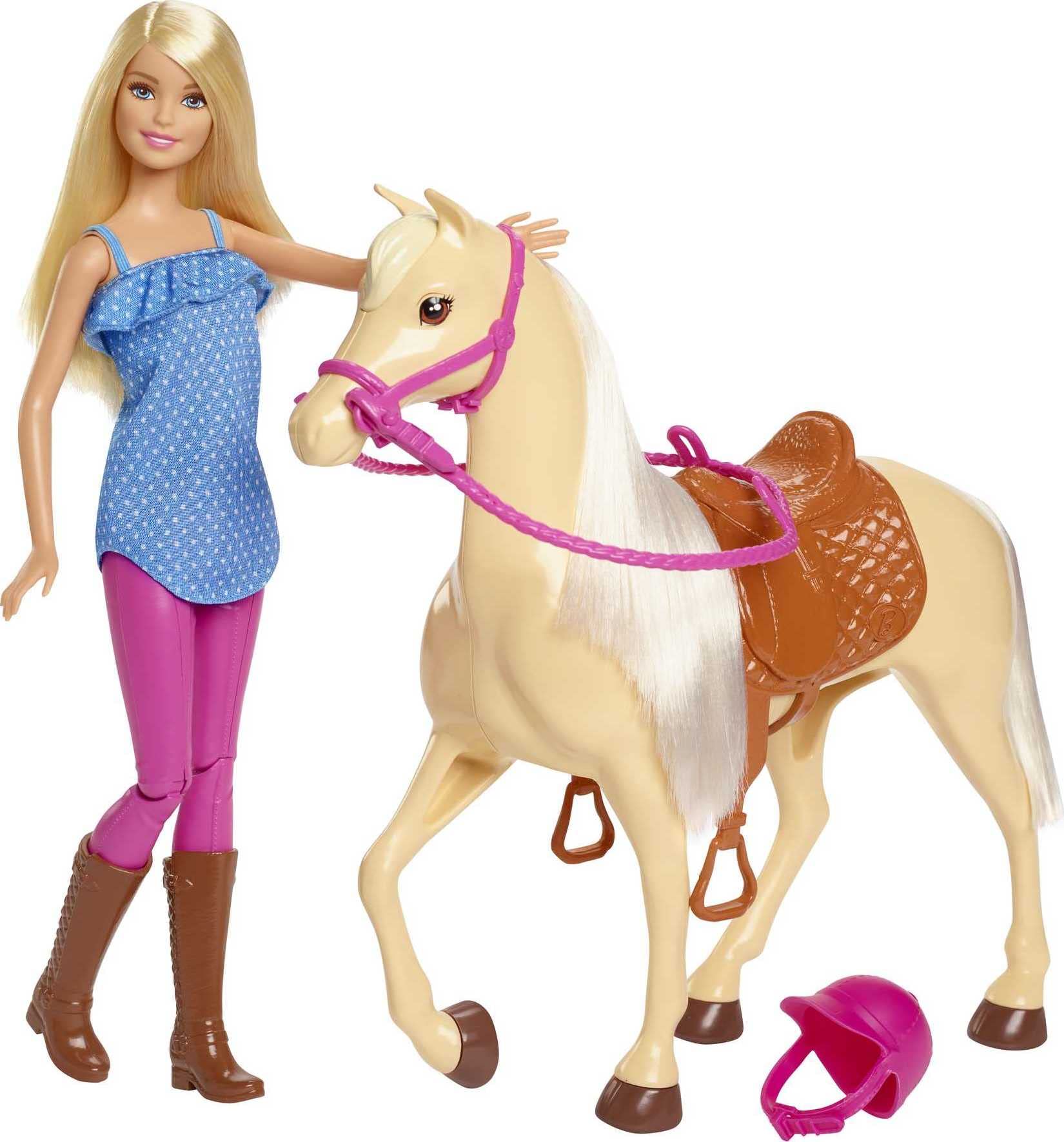 Barbie Doll, Blonde, Wearing Riding Outfit with Helmet, and Light Brown Horse with Soft White Mane and Tail, Gift for 3 to 7 Year Olds (Amazon
