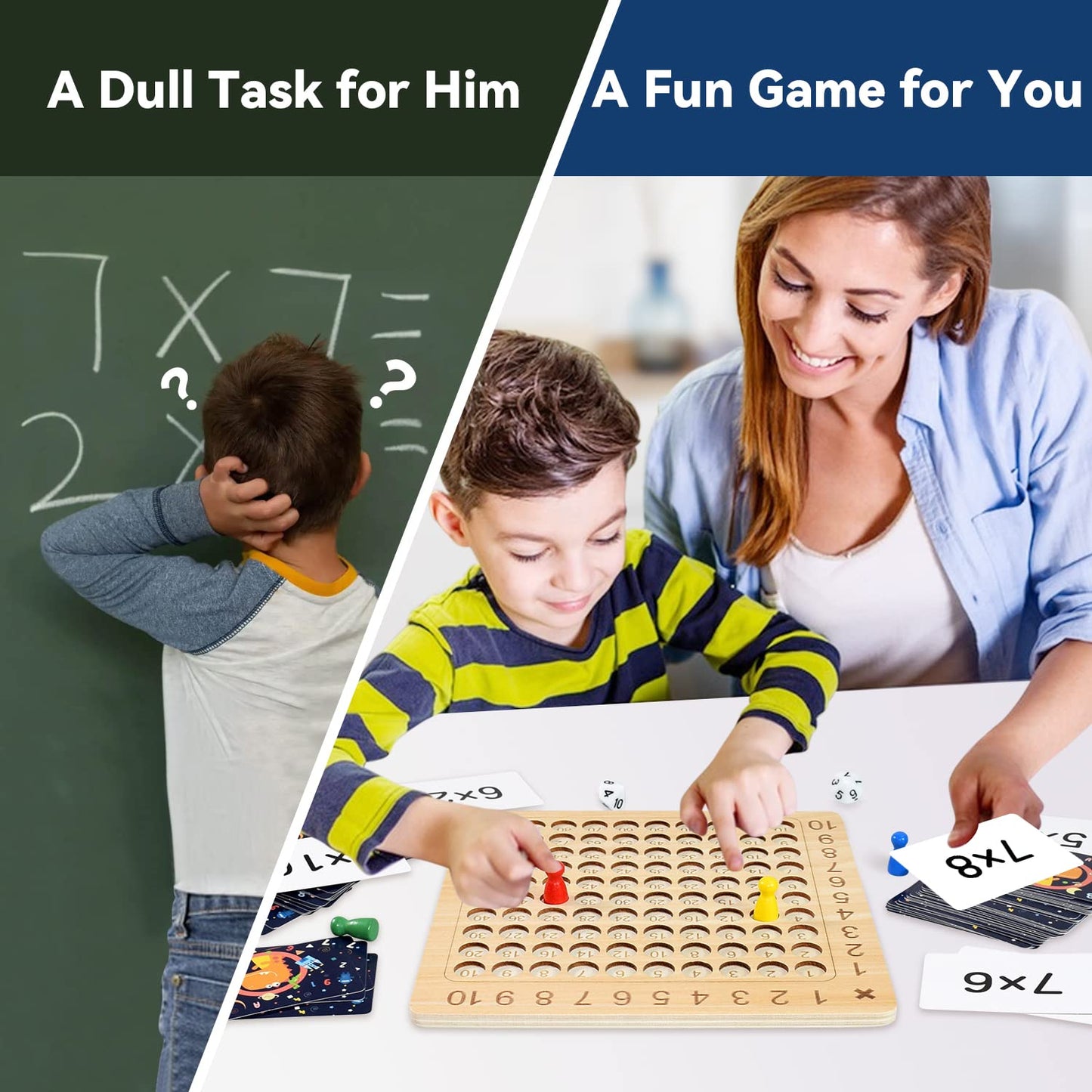 BAKAM Wooden Multiplication Board Math Game for Kids 8-12, Math Manipulatives Set with 100PCS Flash Cards for Kids 6-8 Years Old, Montessori Counting