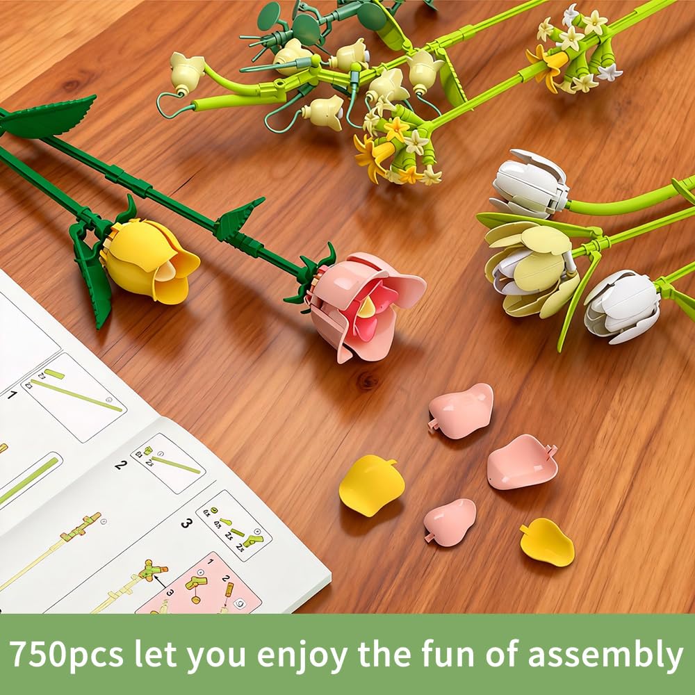 Pink Roses Flower Bouquet Building Set for Adults, Artificial Flower Compatible with Lego Flowers Botanicals, Christmas & Valentine's Day, Birthday