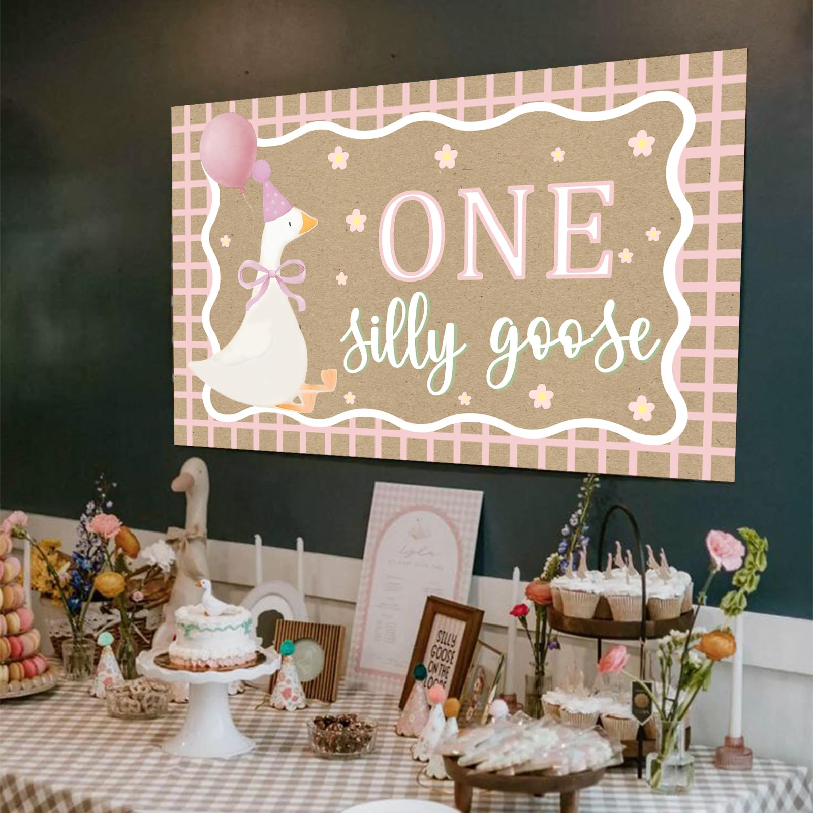Goose Pink Banner for One Silly Goose Birthday Decor Girl Pink Silly Goose First Birthday Backdrop for Girls First Birthday