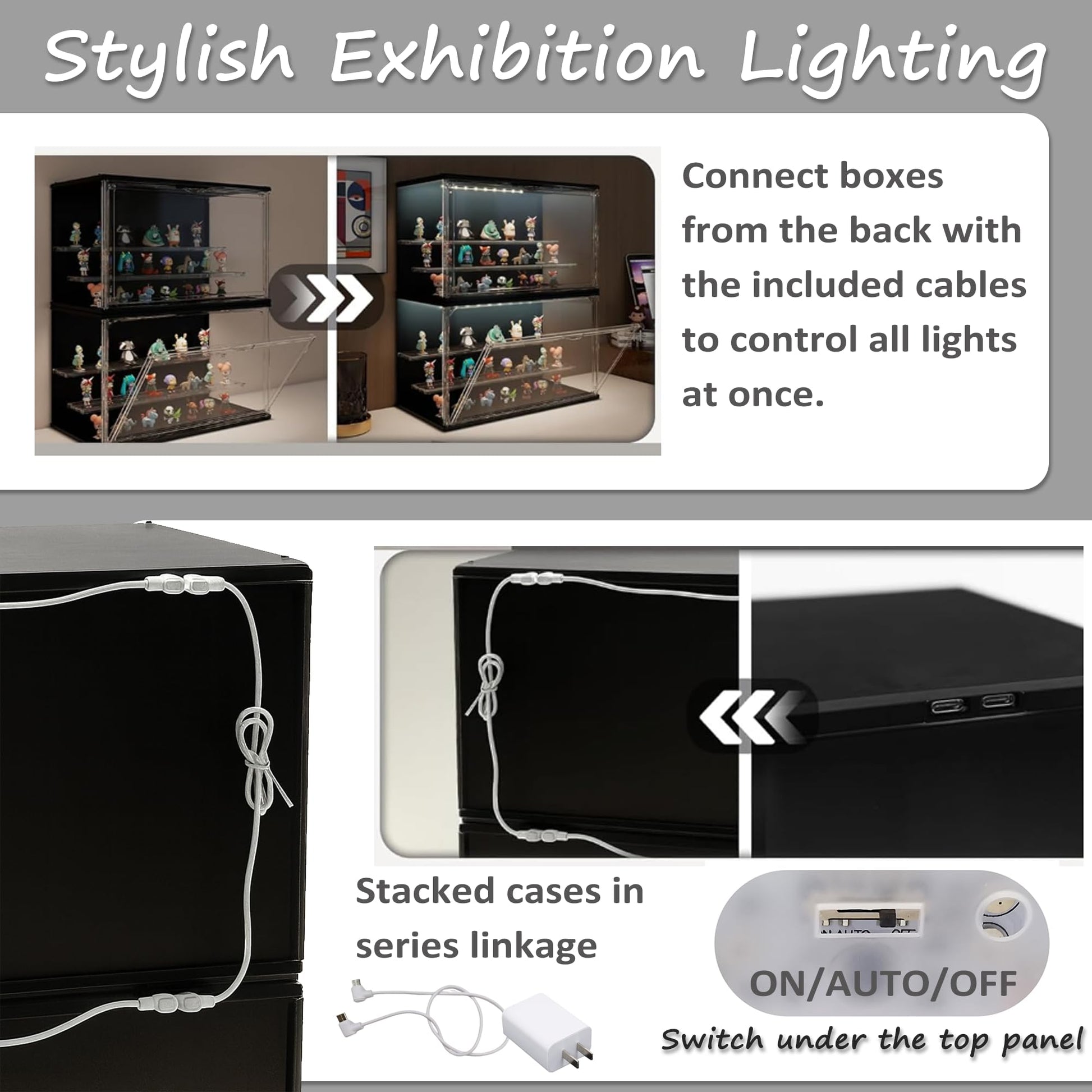 VERSSURE Clear Display Case for Collectibles, 3-Tier Stackable LED Figure Display Case with Magnetic Door, Adjustable Showcase for Models, Miniatures