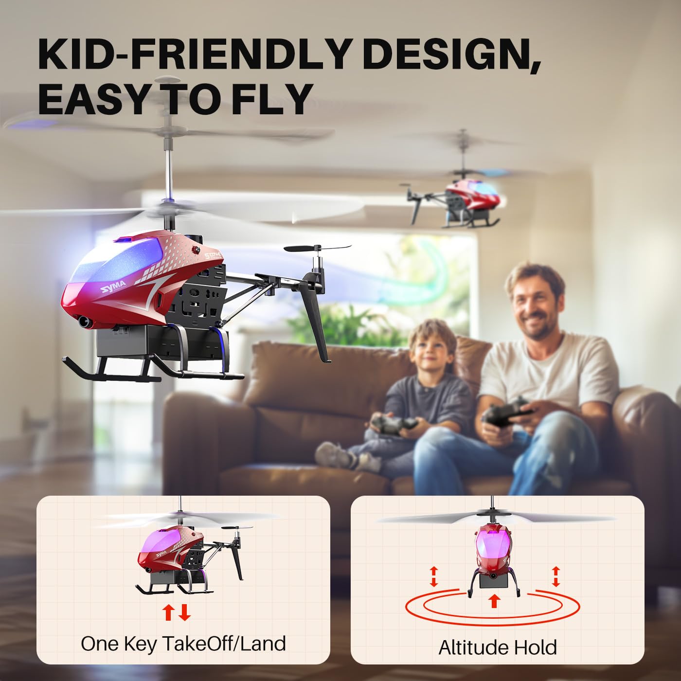 SYMA RC Helicopter for Kids, 7-Color LED Lights, 40 Min Flight Time, Red